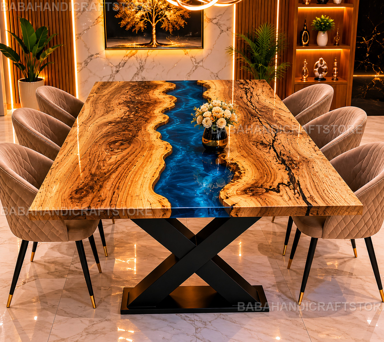 Luxury Live Edge Wood Dining Table | Deep Blue Epoxy Resin River Table |