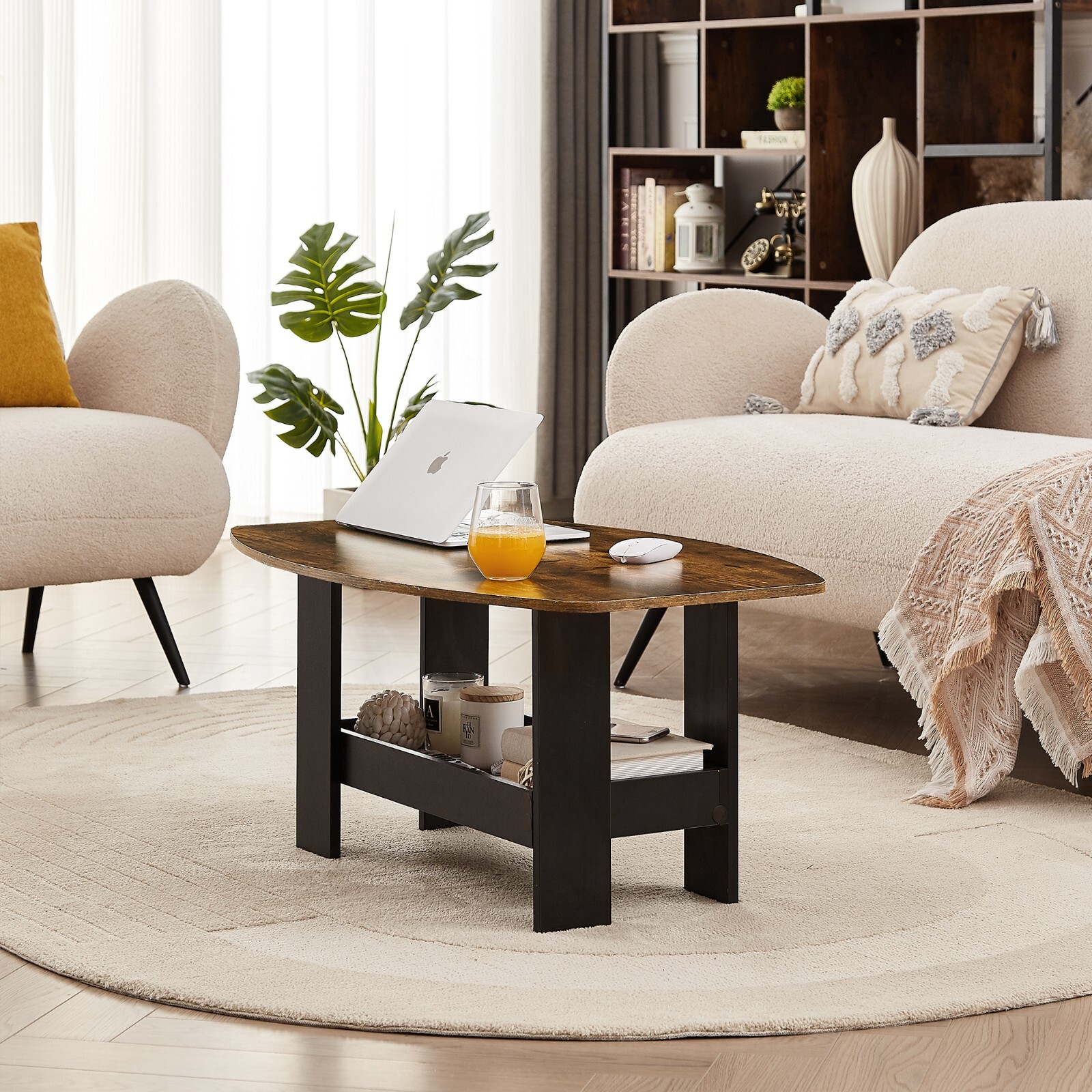 VECELO Rustic Brown Oval Wooden Top Coffee Table with Storage Shelf End Table