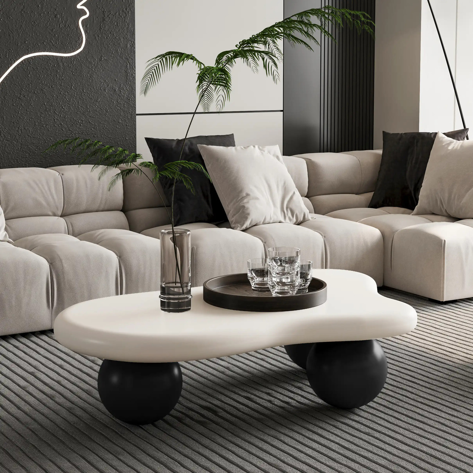 Cloud Shaped MDF Coffee Table with Irregular Contoured Top, Black White