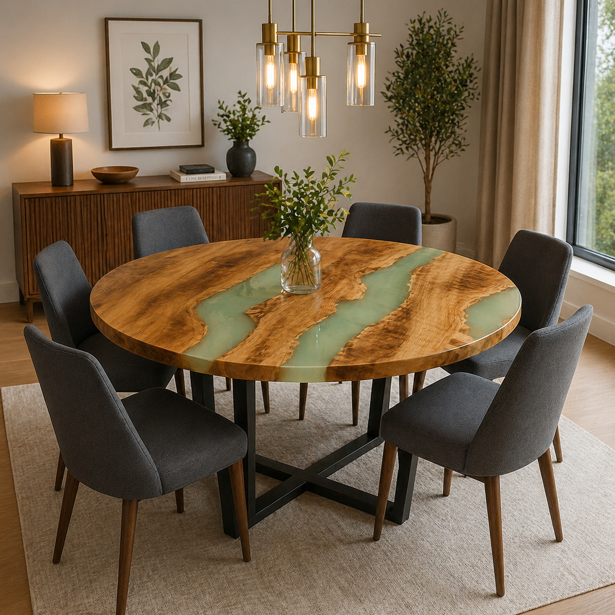 Handmade Olive Wood Mint Green Epoxy River Dining Table | Round Live Edge 18X18
