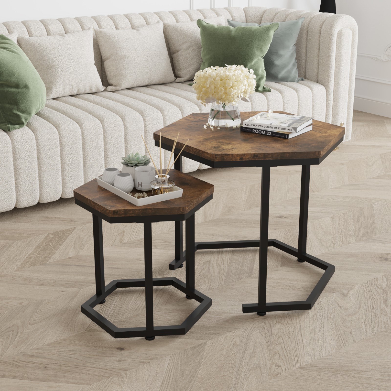2pcs MDF Board Side End Table Nested Table Metal Frame Coffee Table Nightstands