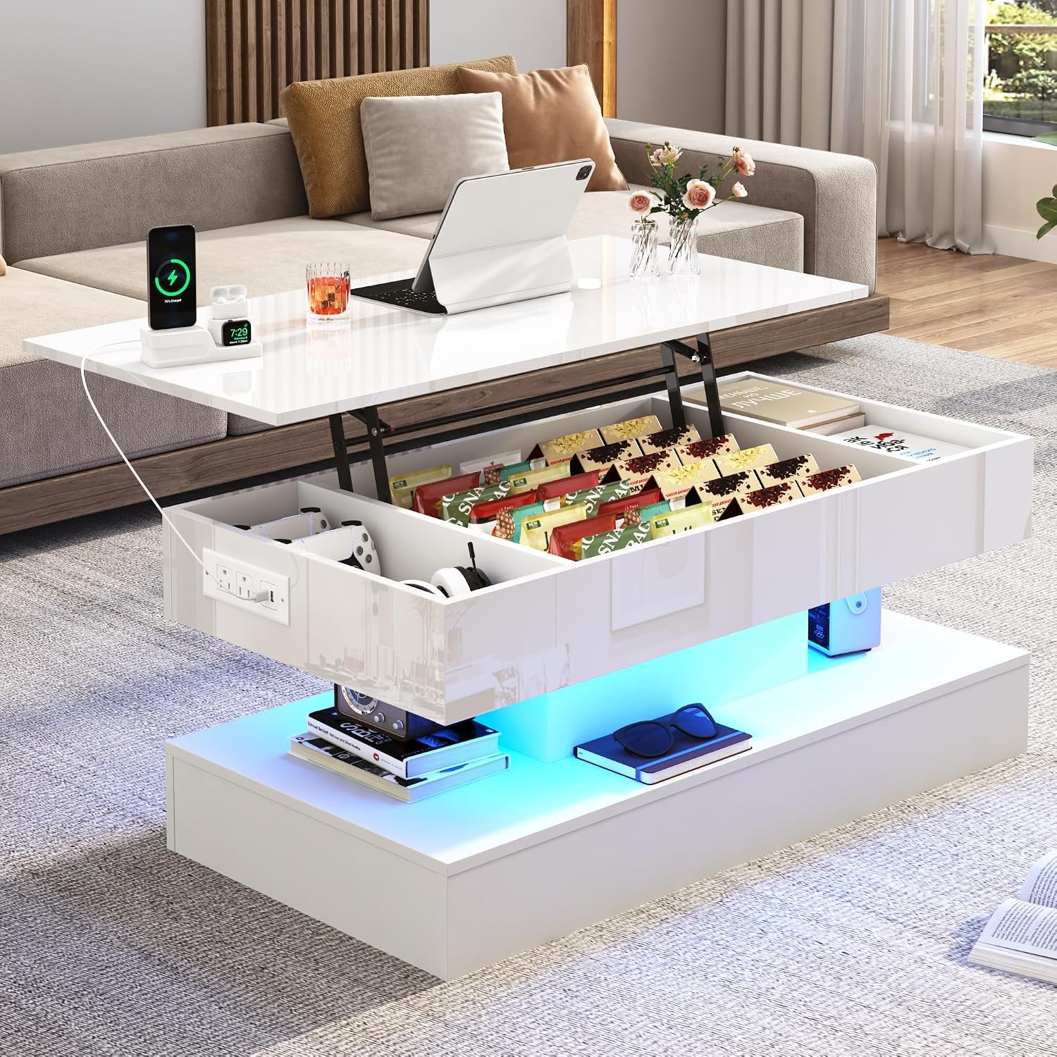 39.4″ Large Lift Top Coffee Table,Modern High Glossy LED Coffee Tables Living US