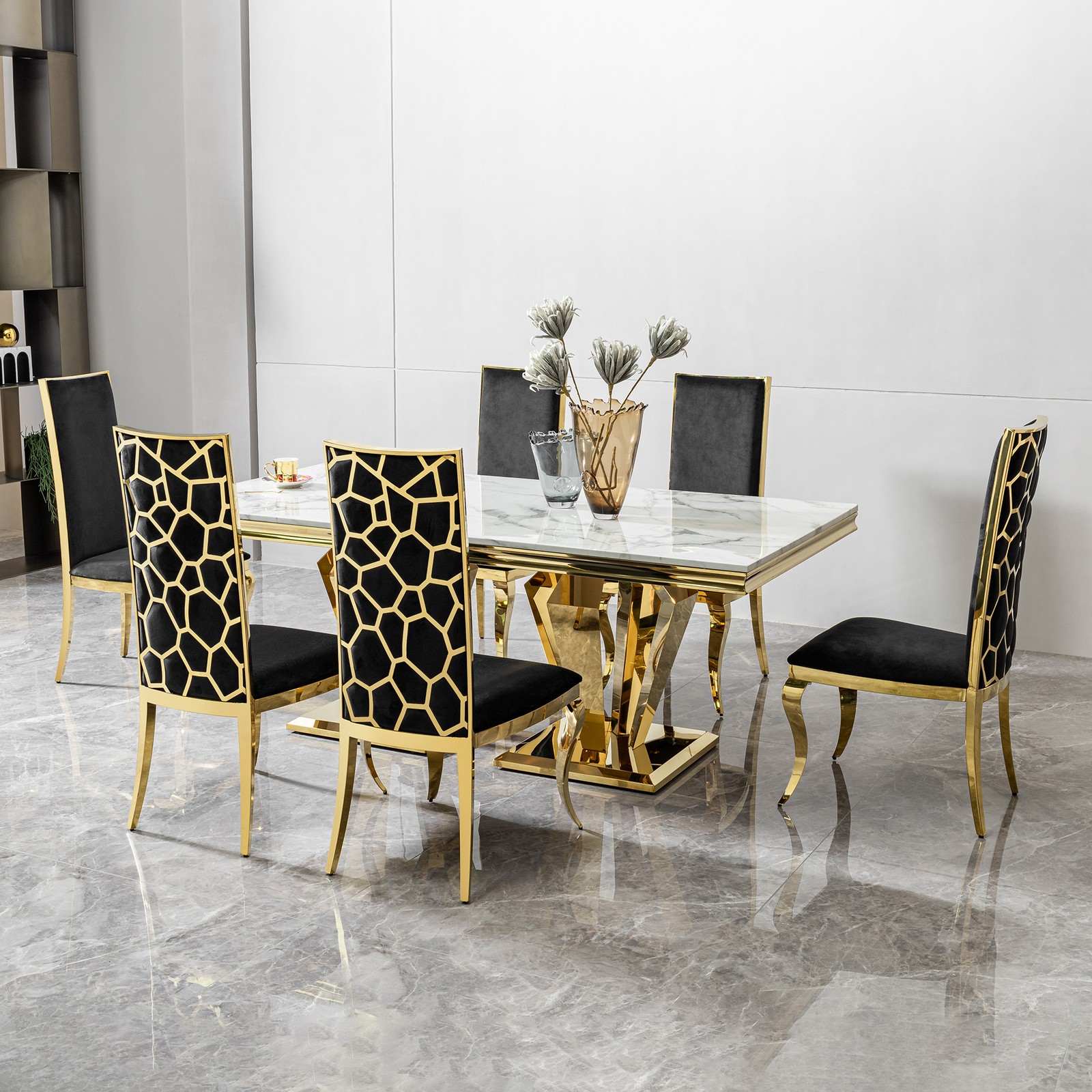 MDF Marble Top Dining Table for 6 White Gold 66.9″ Stainless Steel Base
