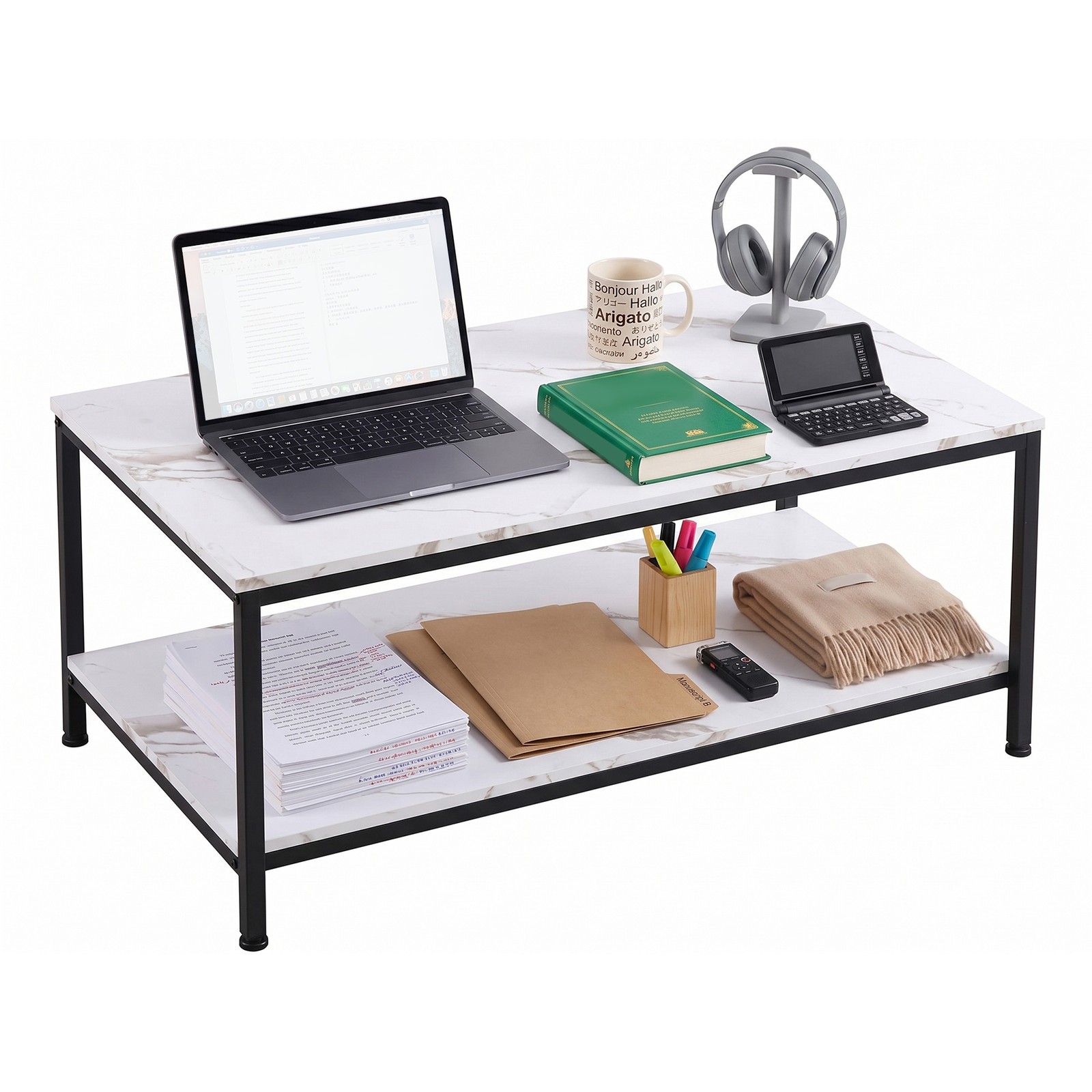 39.4Inch 2 Tier Modern Industrial Coffee Table W/Storage Shelf Metal Frame White
