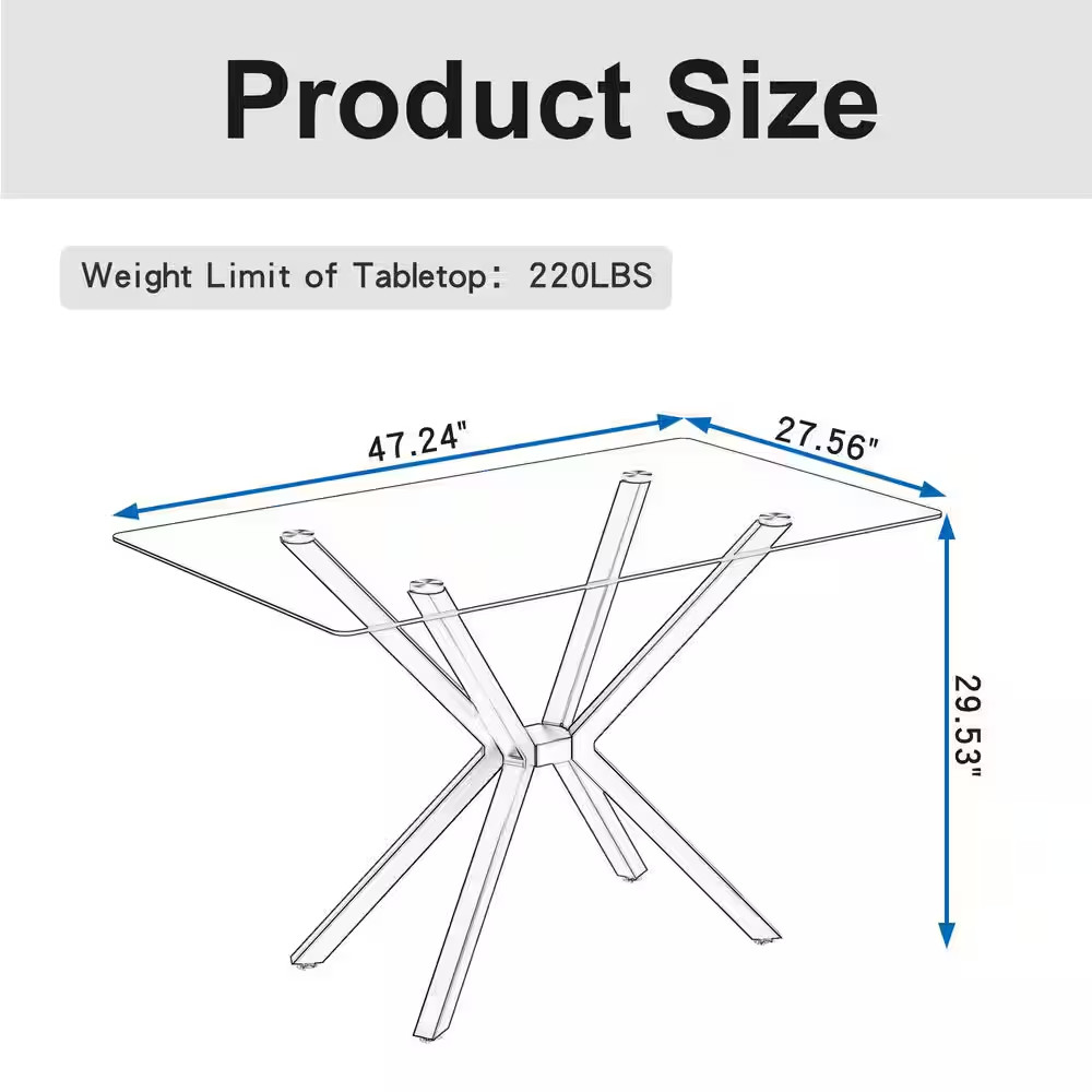 47.24 In. Rectangular Clear Tempered Glass Table with Adjustable Black Metal Cro