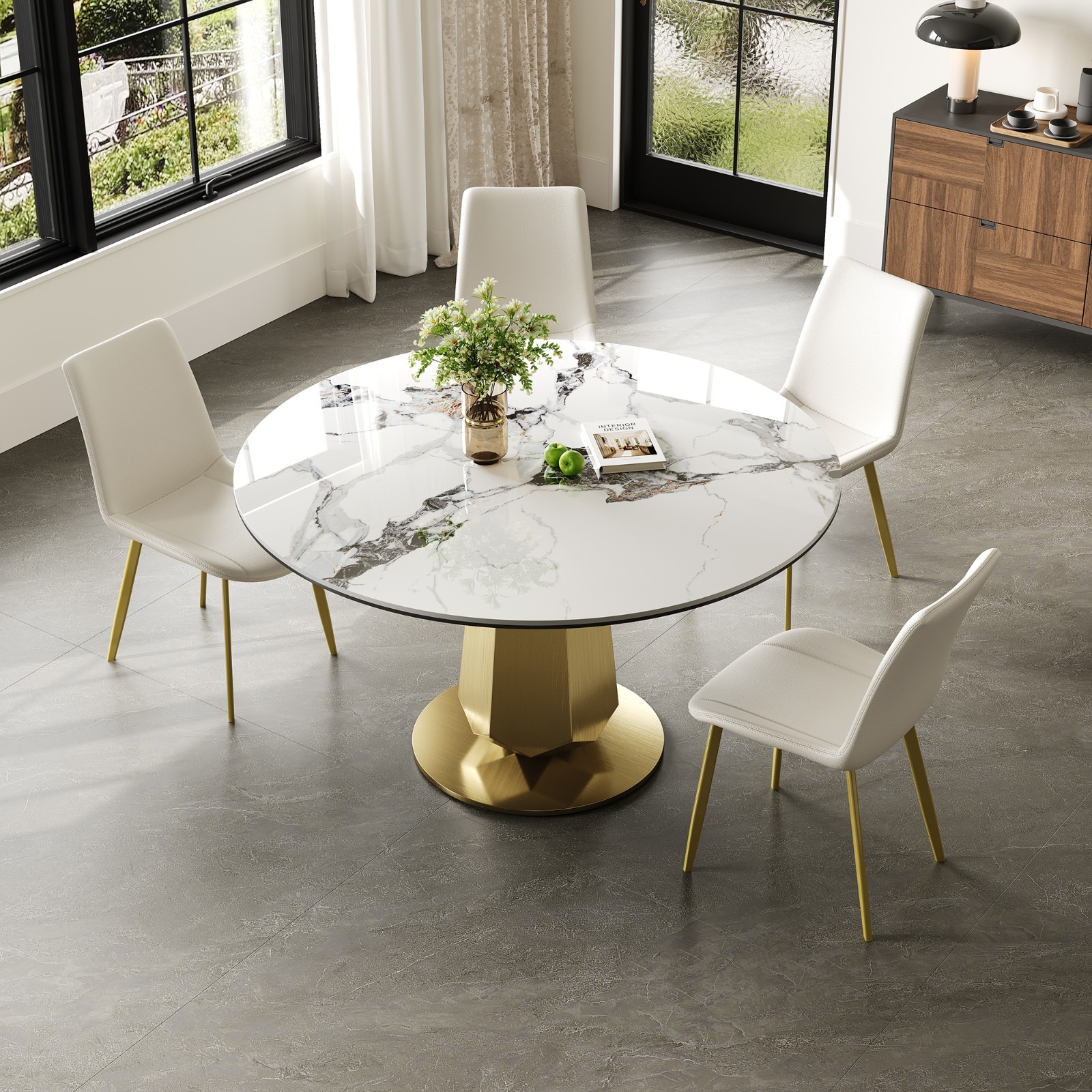 53″ Luxury Round Stone Table Gold Base Saves Space Fits 4-8