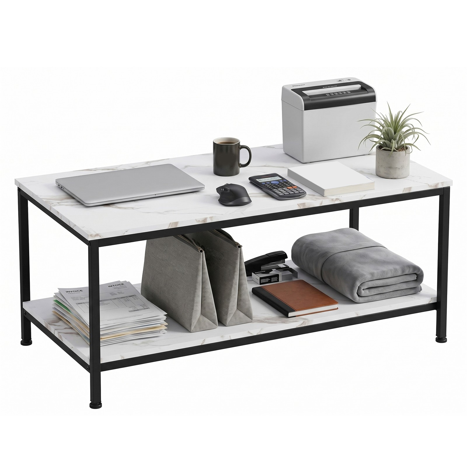 39.4Inch 2 Tier Modern Industrial Coffee Table W/Storage Shelf Metal Frame White