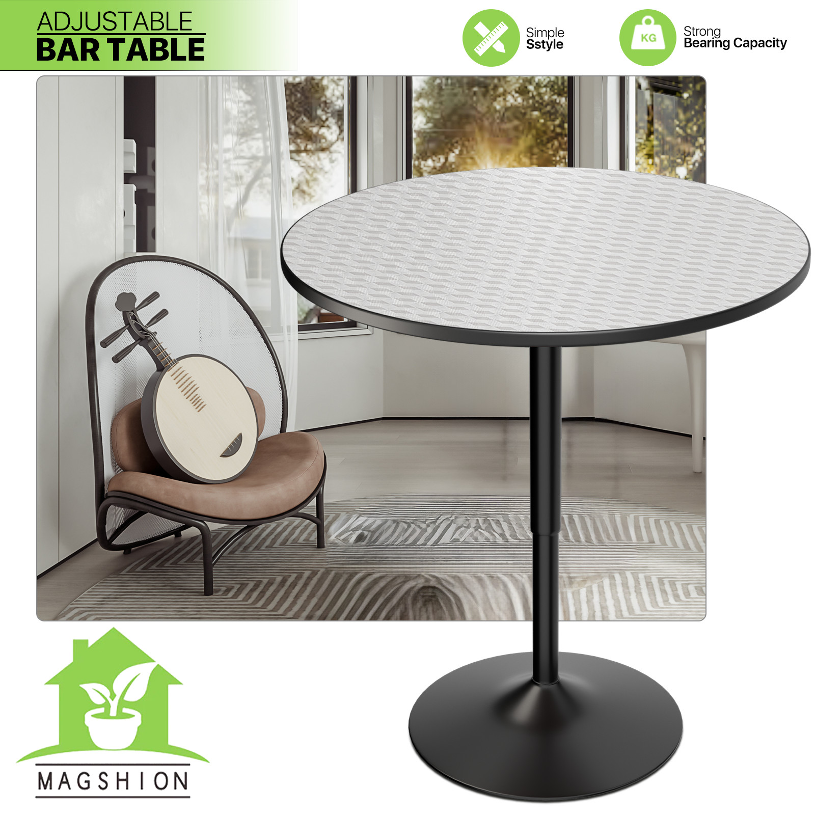 Adjustable Height Bar Table Sliver Wood Round Tabletop Chrome Base Pub Kitchen