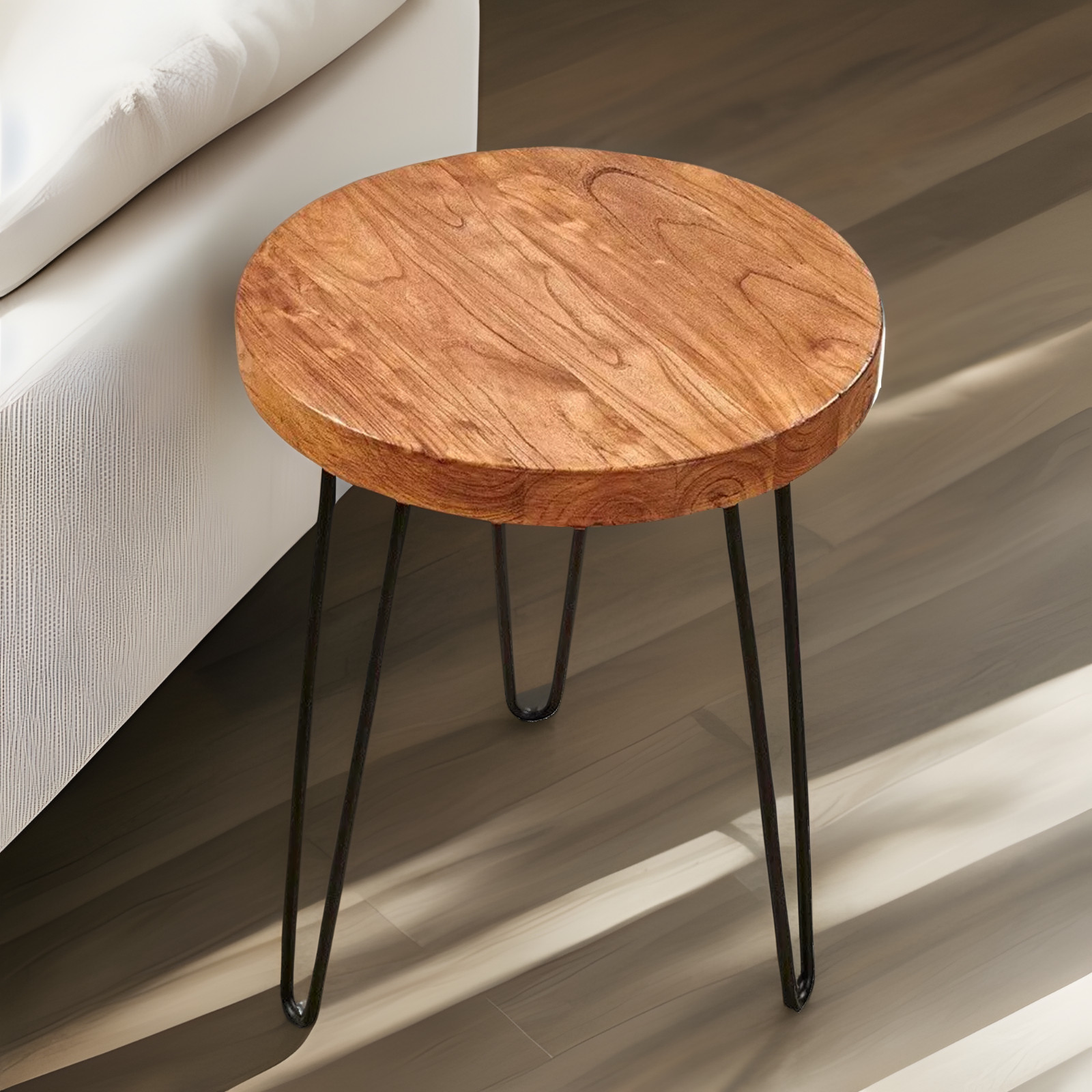 GREENAGE Rustic Old Elm Wood Round End Table Nightstand Sofa Side Table 20.5″ H