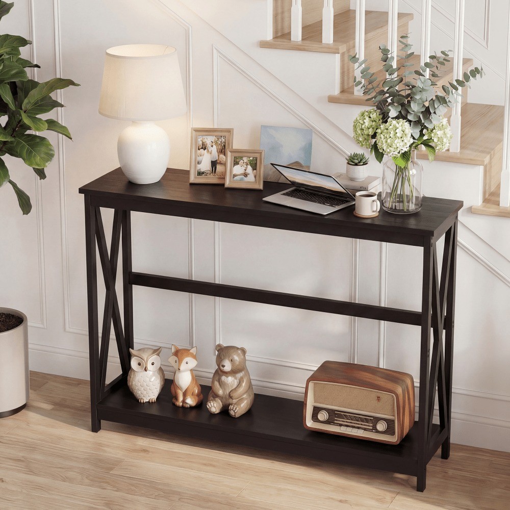40 Inch 2 Tier Console Table With Metal X Frame Wood Entryway Table 200 Lbs Capa