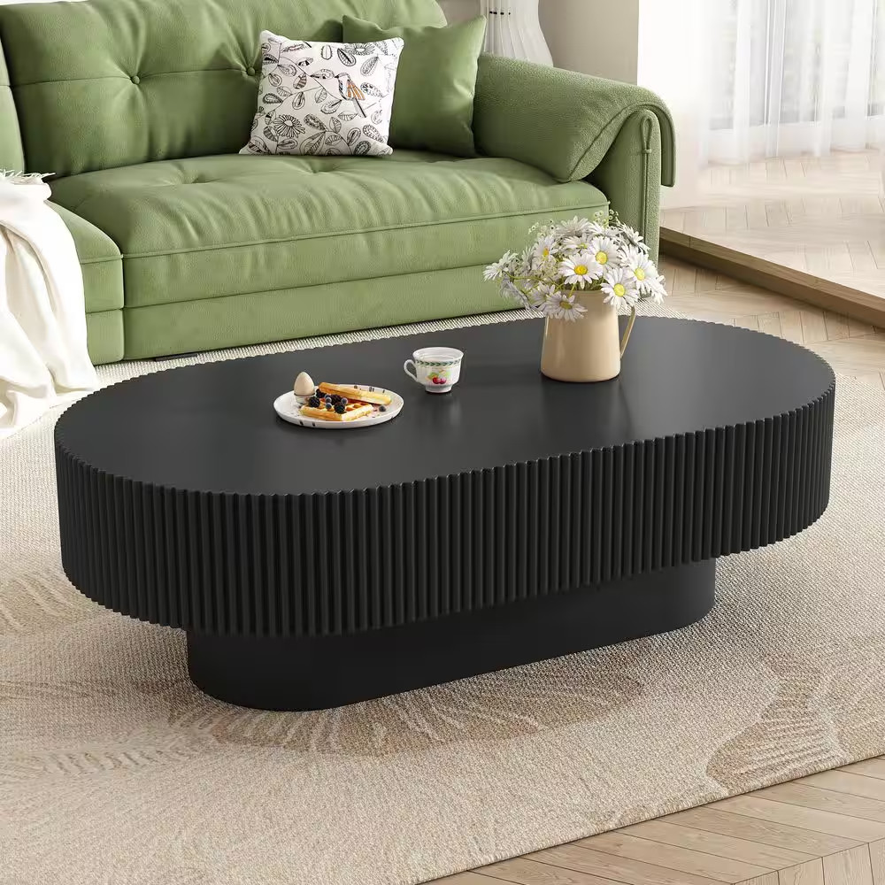 43.3 In. W Black Oval Wood Coffee Table with 6.8″ Thick Tabletop, Modern Drum En