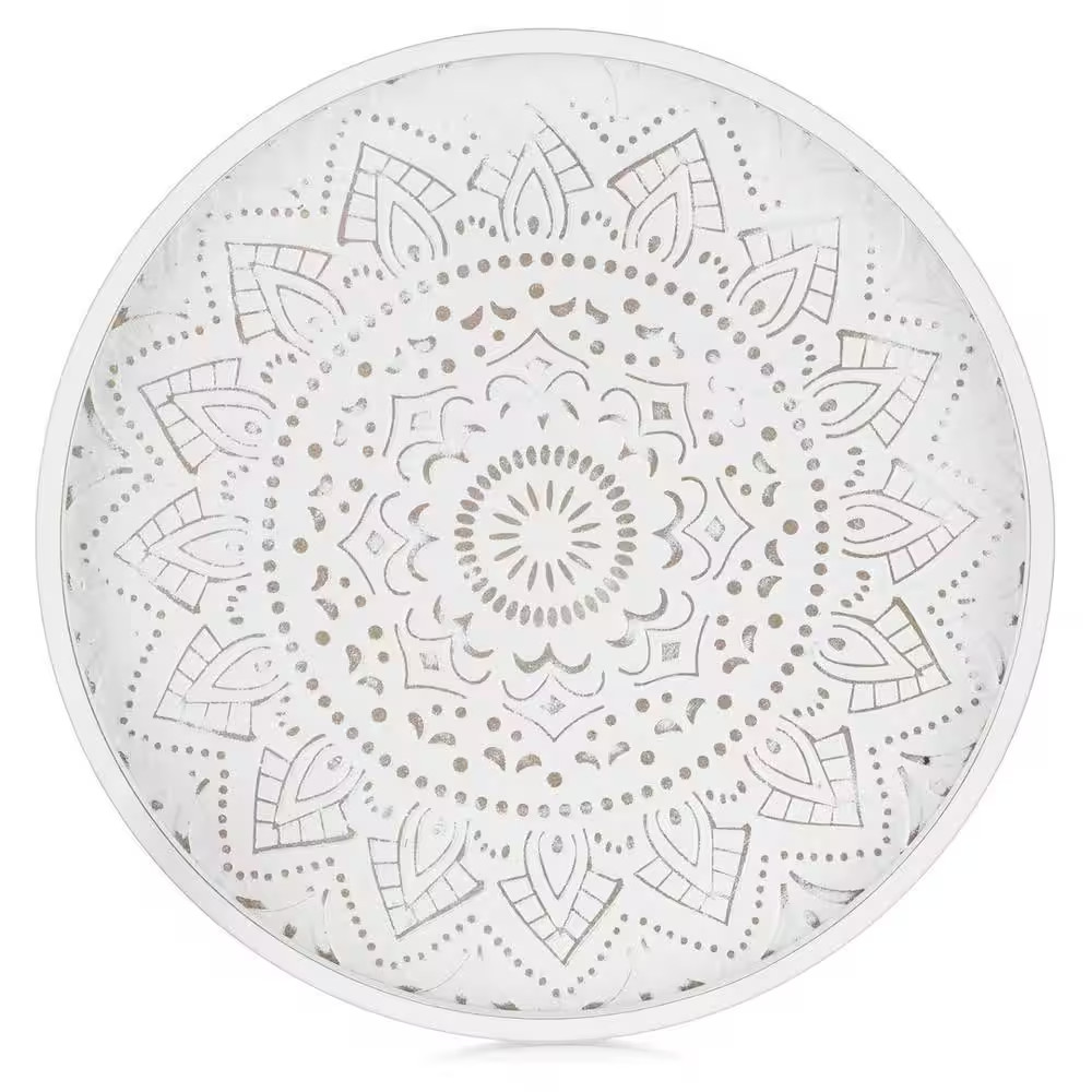 12 In. Decorative Coffee Table Tray round Wood for Boho Home Decor White Farmhou