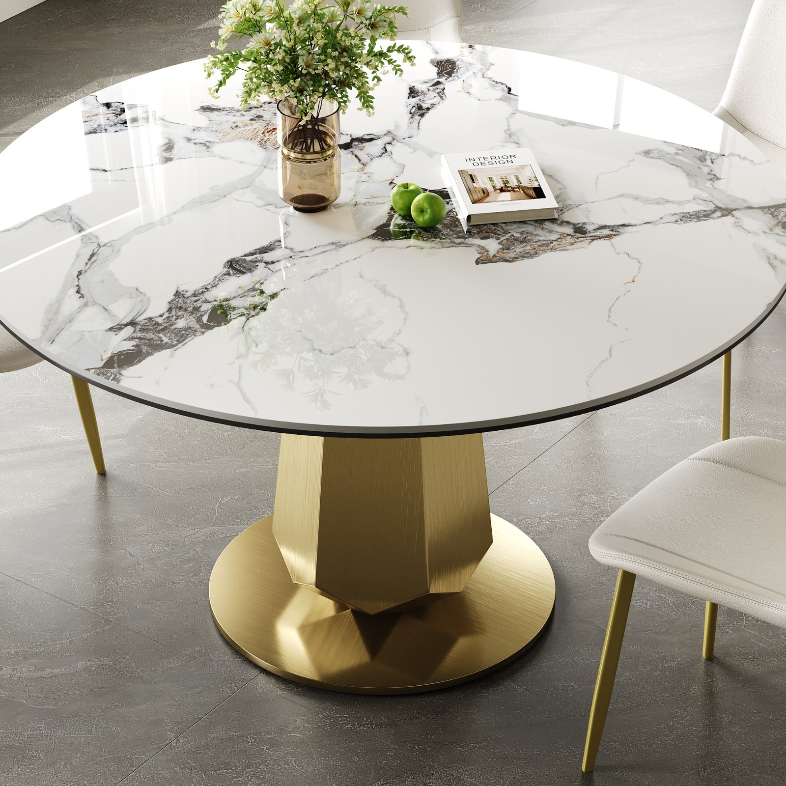 53″ Luxury Round Stone Table Gold Base Saves Space Fits 4-8