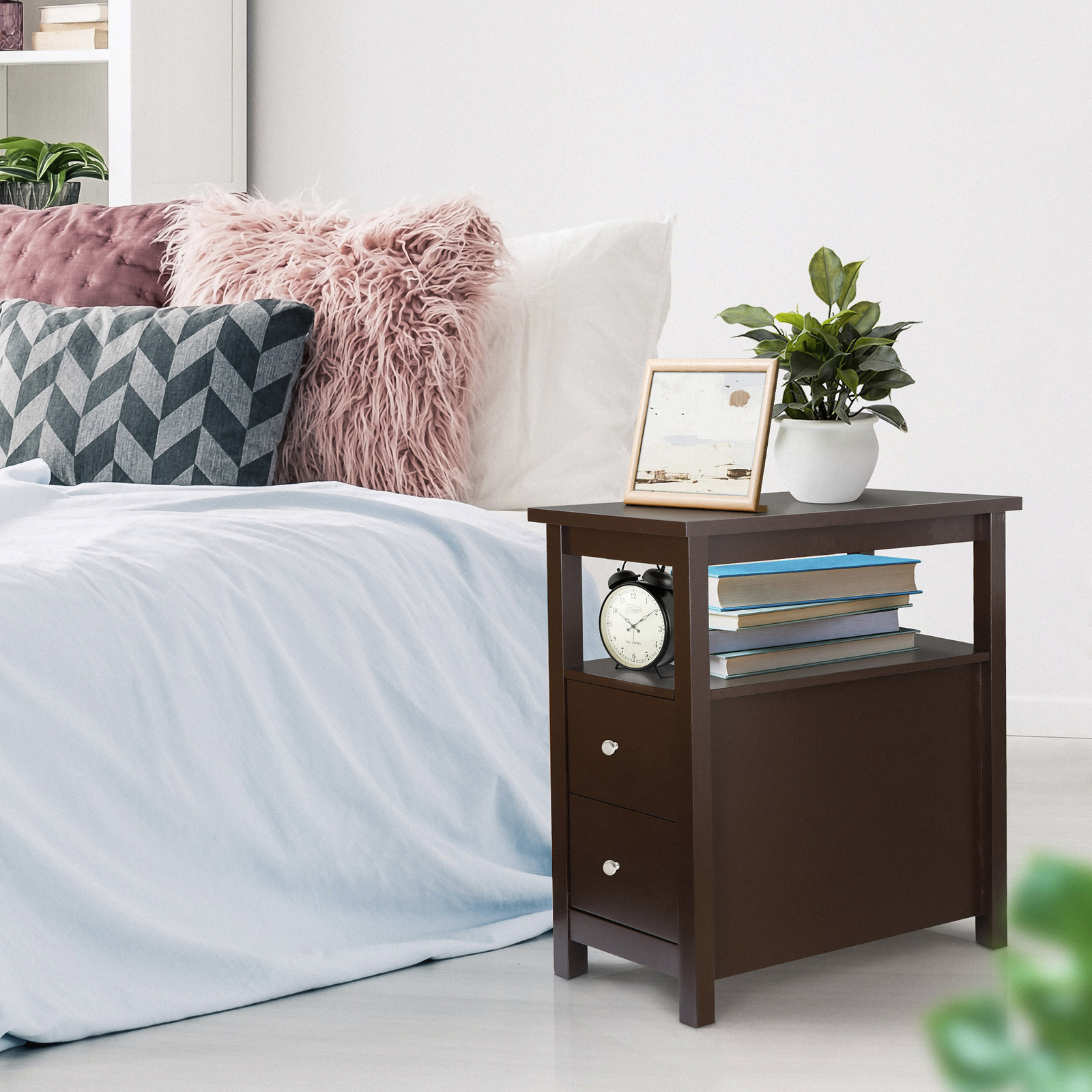 End Table with 2 Drawer and Shelf Narrow Desk for Home Office Storage Unit Brown