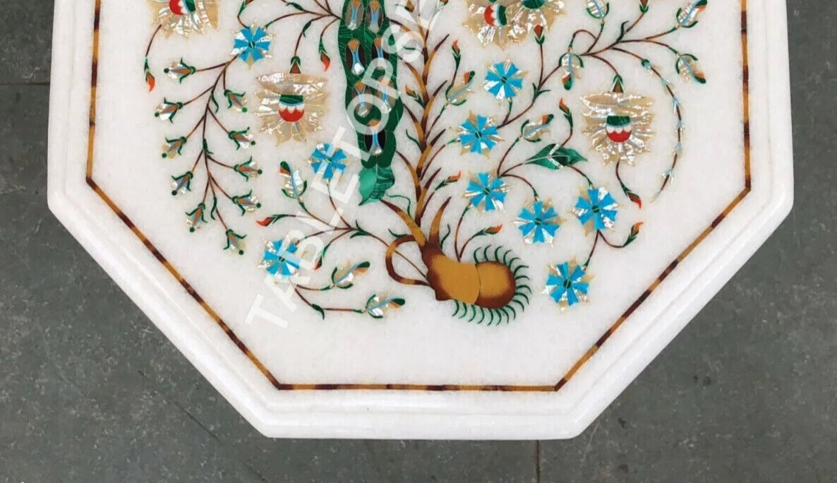 White Marble Top Coffee End Table Peacock Inlay Precious Multi Art Bedroom Decor