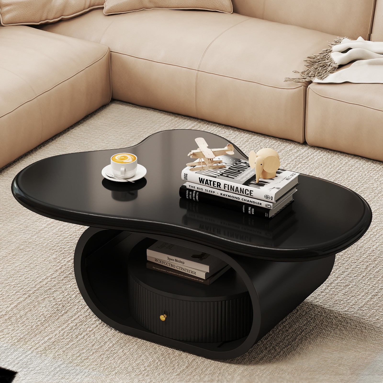 Modern Black 39″ Coffee Table Cloud Center Table MDF Metal with Drawer