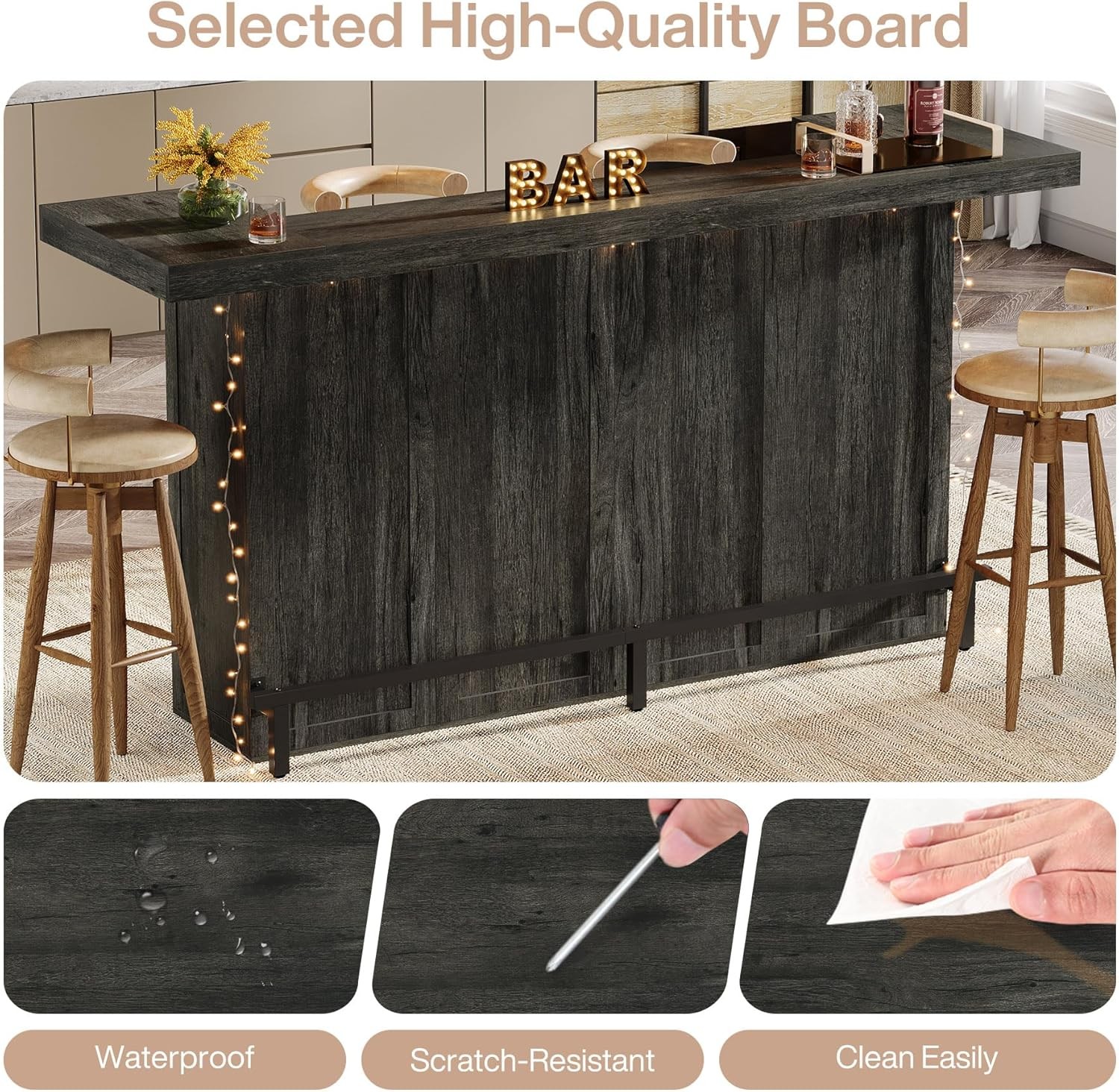 70.9-Inch Large Bar Table Industrial Wooden Home Bar Unit with Storage Shelves