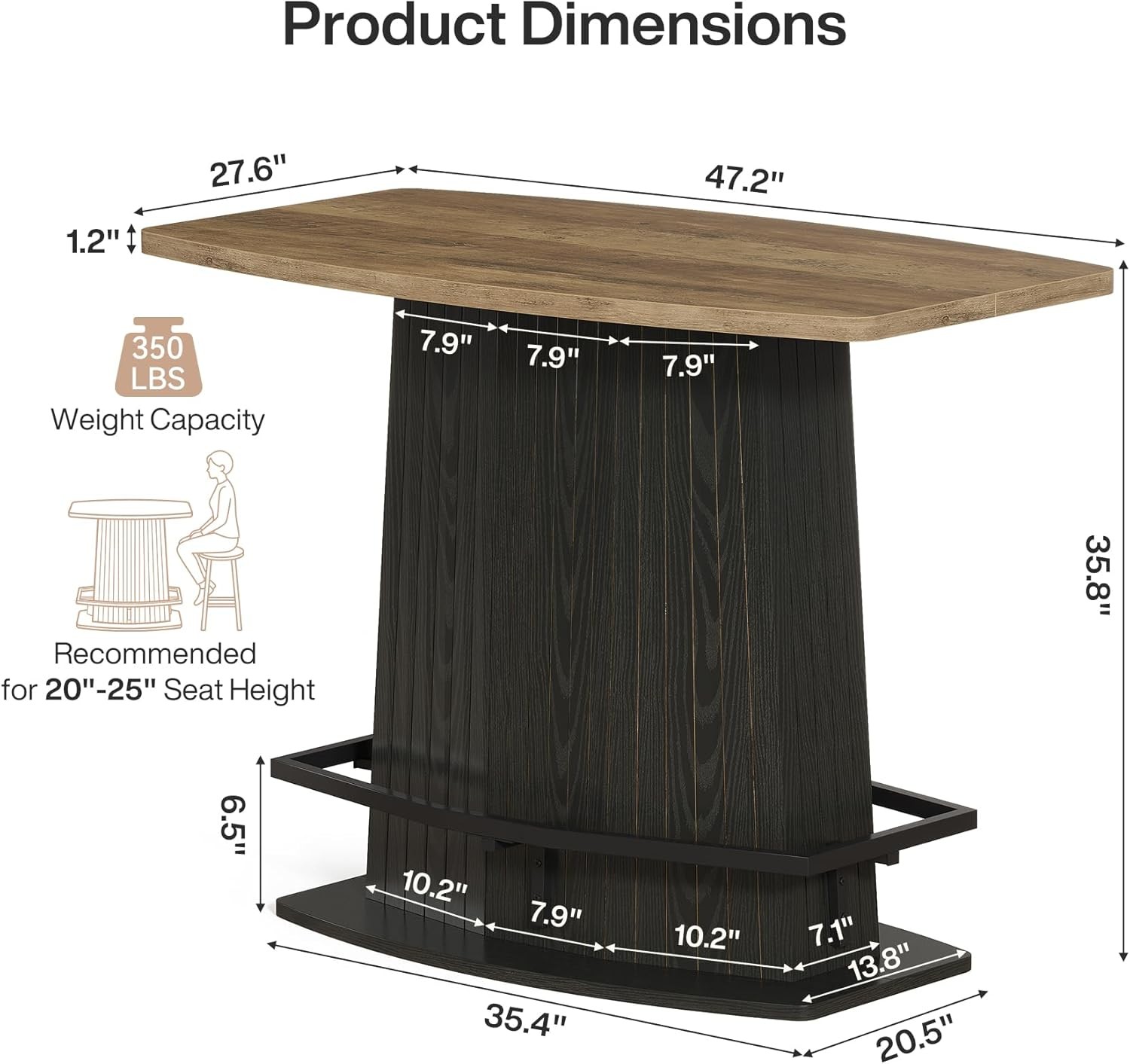 42” Modern Bar Table Rectangular High Top Bistro Table w/ Fluted Pedestal Base