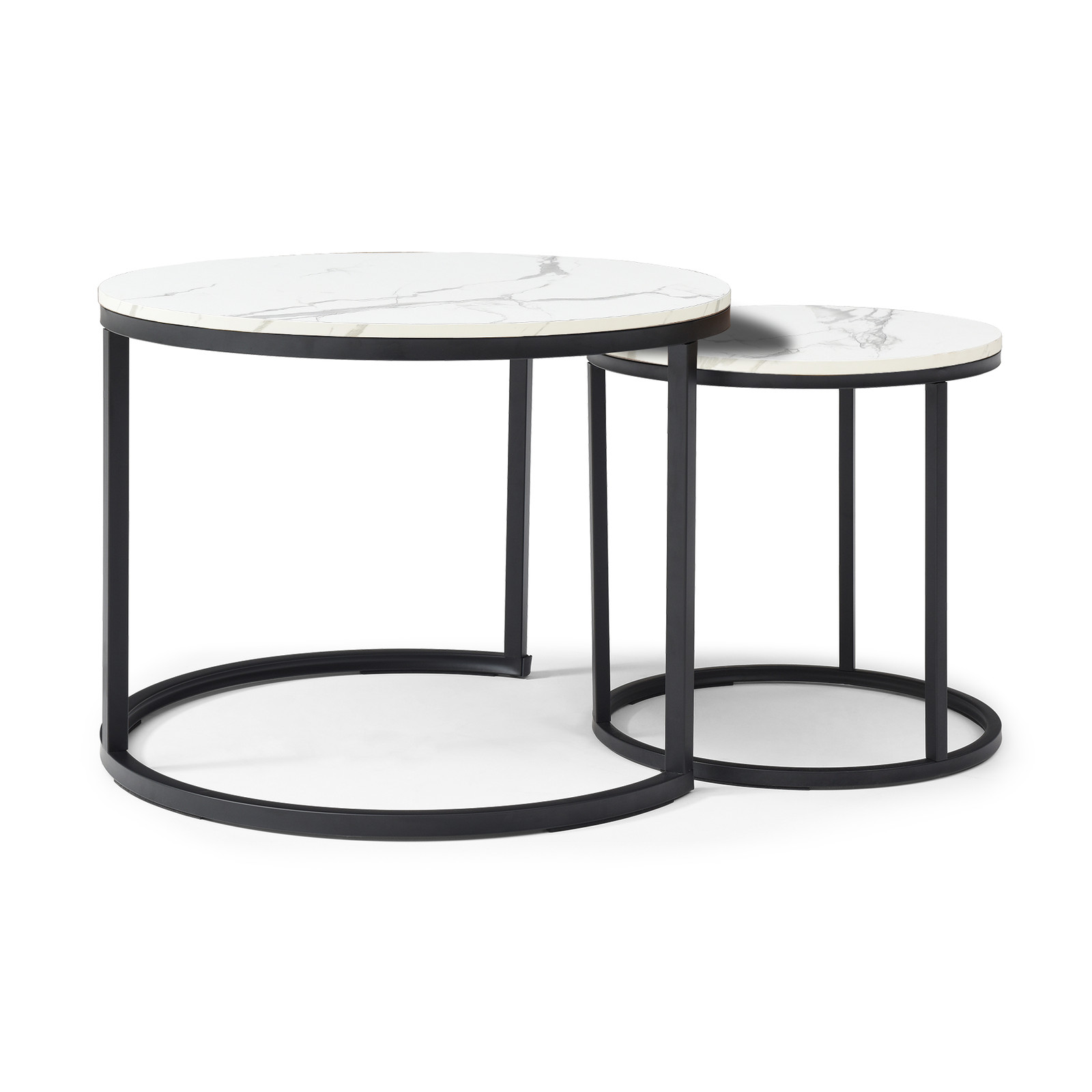Set 2 Coffee Table Nesting White and Gray Top Black Frame Circular Round
