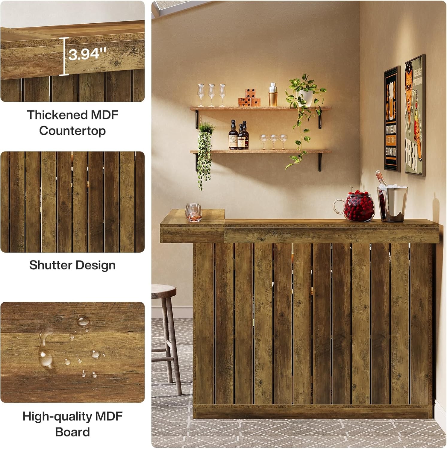 L Shaped Bar Table with Storage Shelves Industrial 4-Tier Corner Home Bar Unit