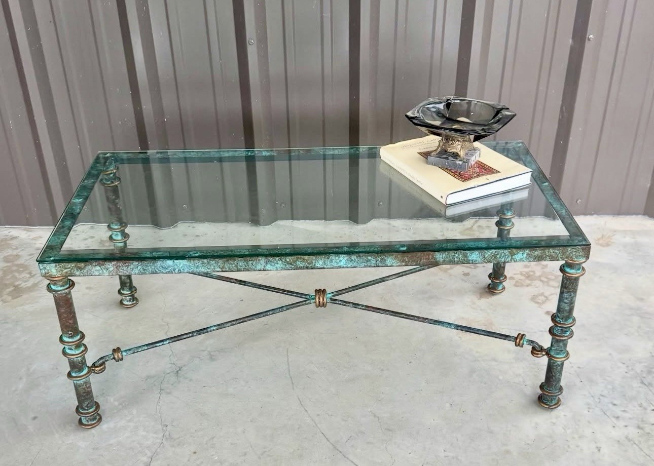 Vintage Modern Verdigris Finish Iron Beveled Glass Coffee Cocktail Table