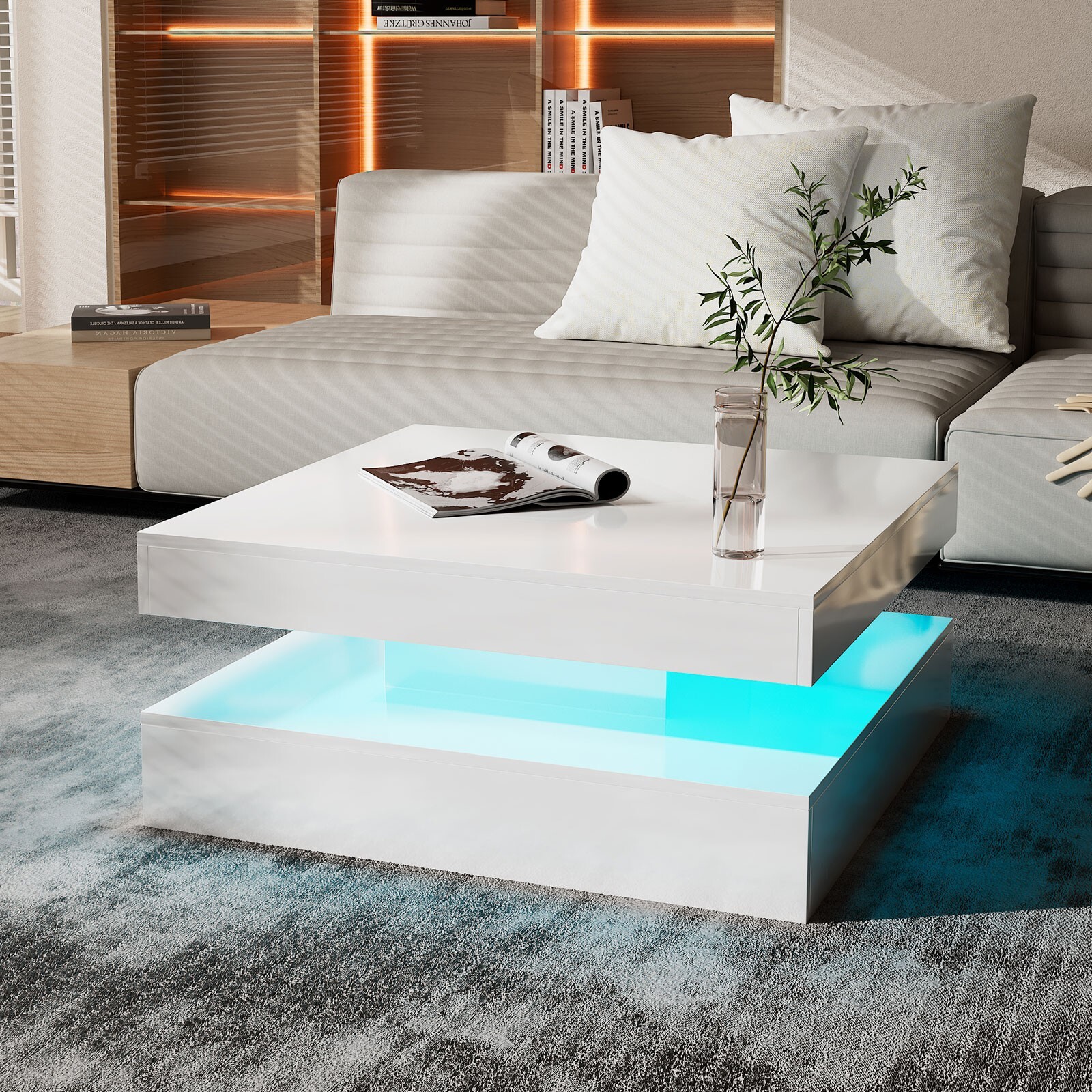 Square Coffee Table with LED Lights High Gloss Center Cocktail Table 2-Tier Whit
