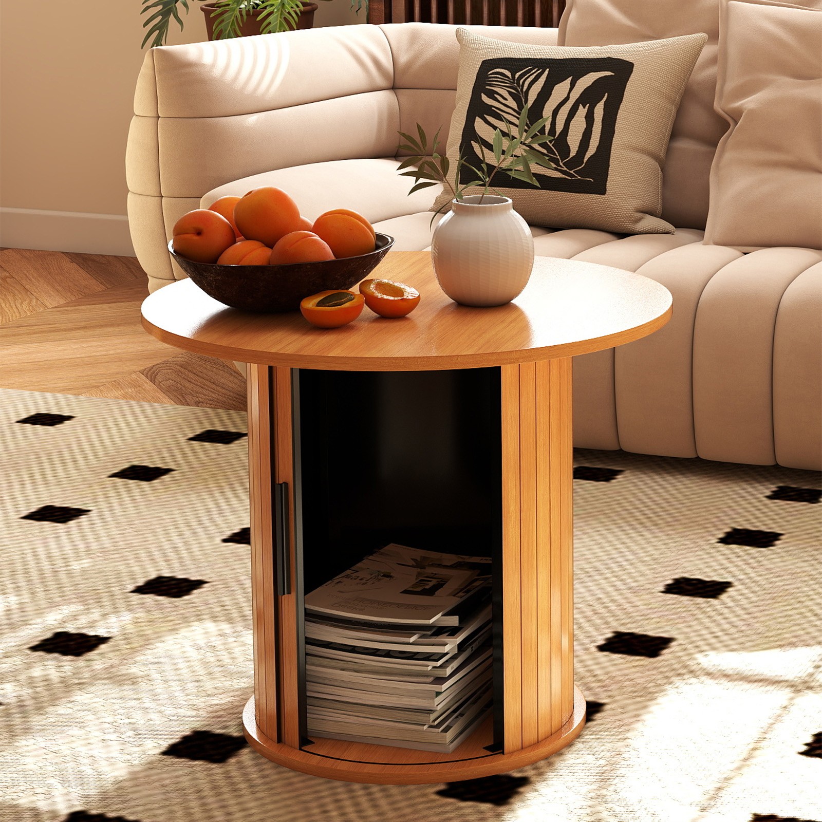 23.6″Round Side Table Circle End Table Farmhouse with Hidden Storage Living Room