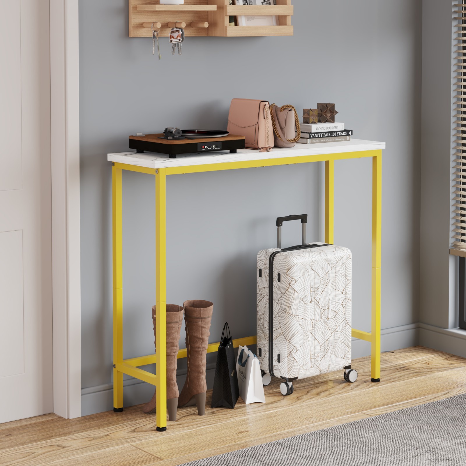 Narrow Console Table MDF Top Golden Metal Frame Slim Sofa Table Storage Shelf