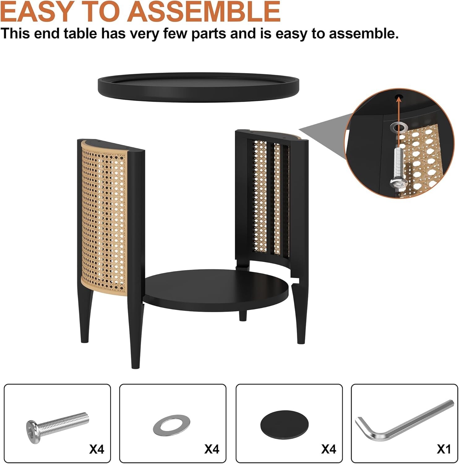 Yusong Round End Table Rattan Side Table with Solid Wood Legs, Boho Style Nights