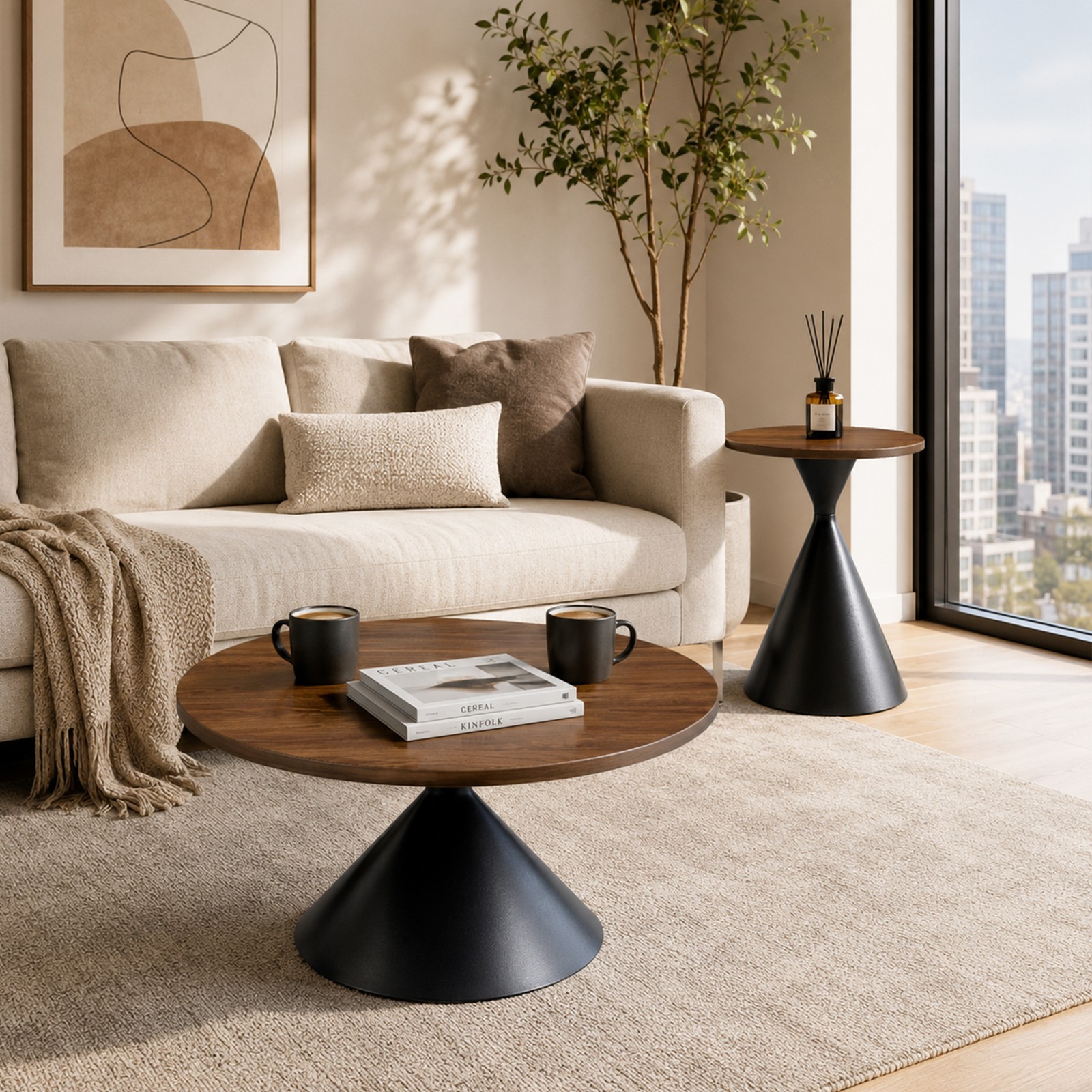 2-Piece Round Coffee Table Set, Walnut Pattern MDF Top, Steel Base, Black