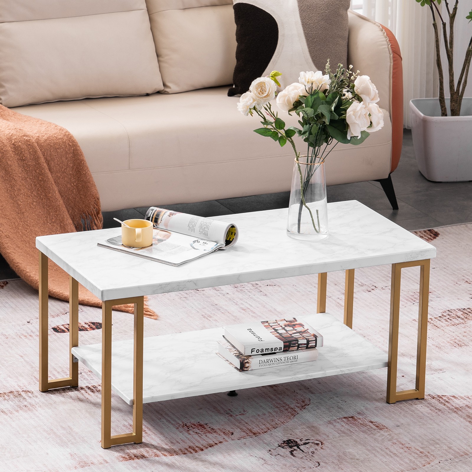 (106 x 50 x 48cm) Simple Double-layer Golden Iron Pipe Marble PVC Coffee Table