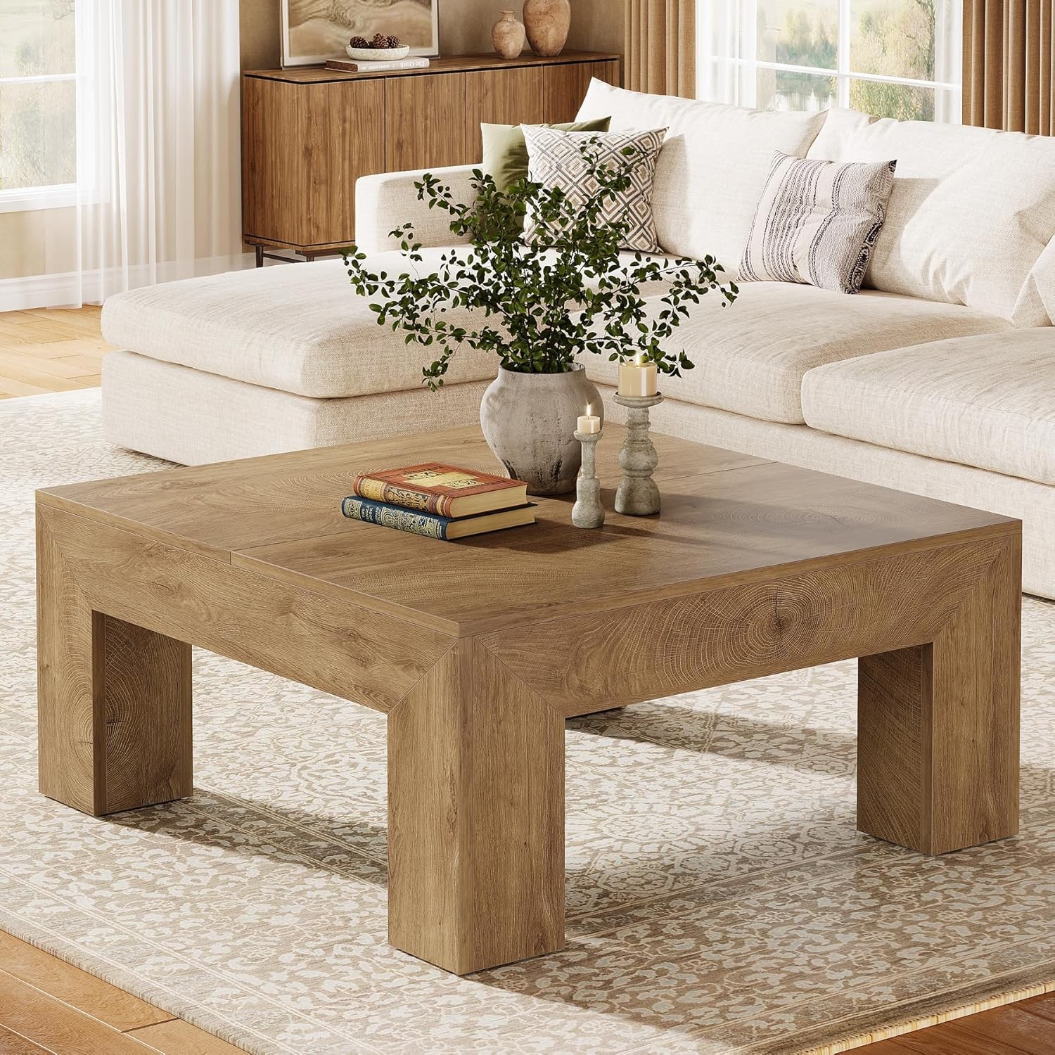 39.4-Inch Square Coffee Table Farmhouse Center Cocktail Table for Living Room