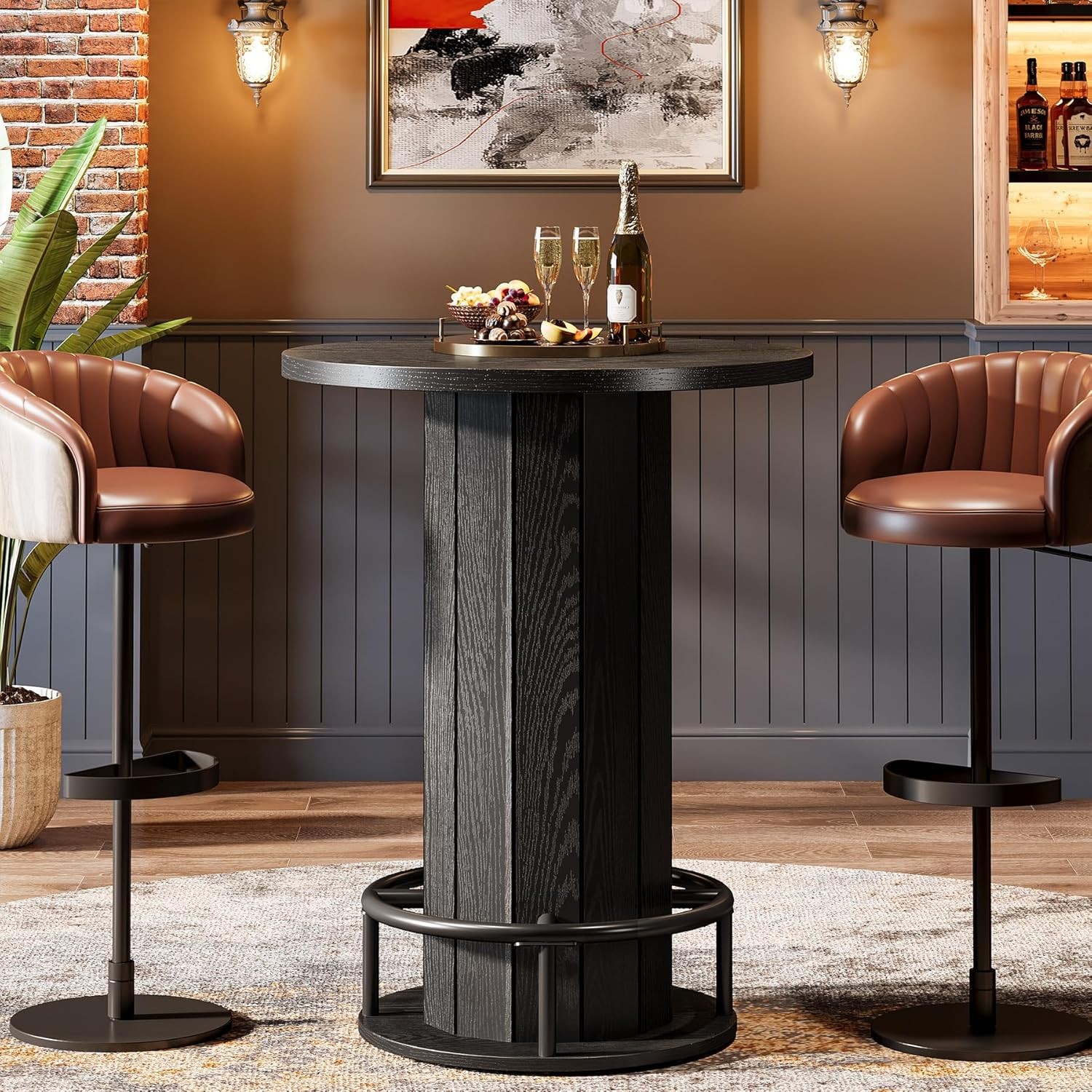 Round Bar Table, 39.4″ H Wood Bistro Pub Table with Metal Ring Footrest, Black