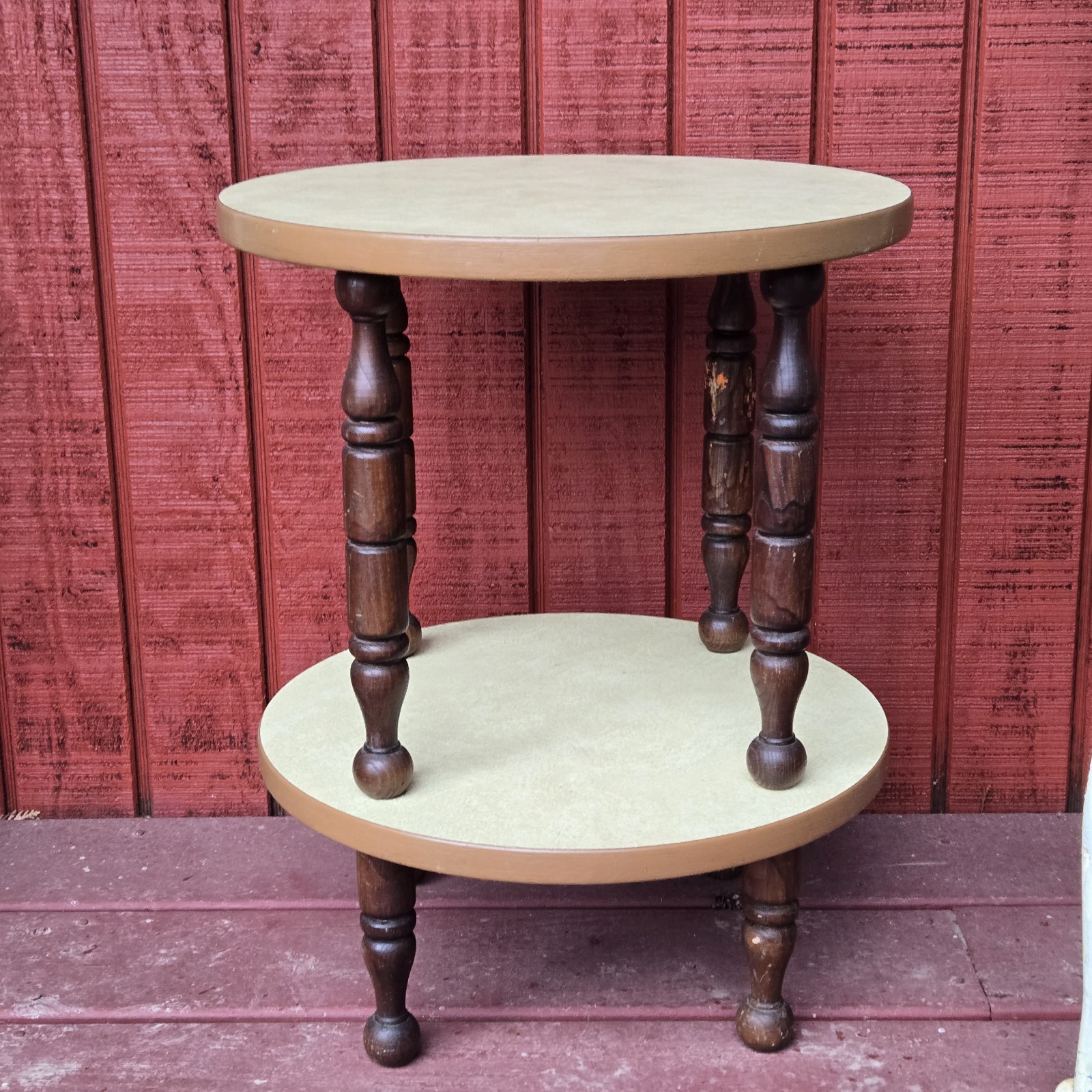 Vintage MCM Plant Stand Table 2 Tier Formica Wood Spindle Mid Century EXC