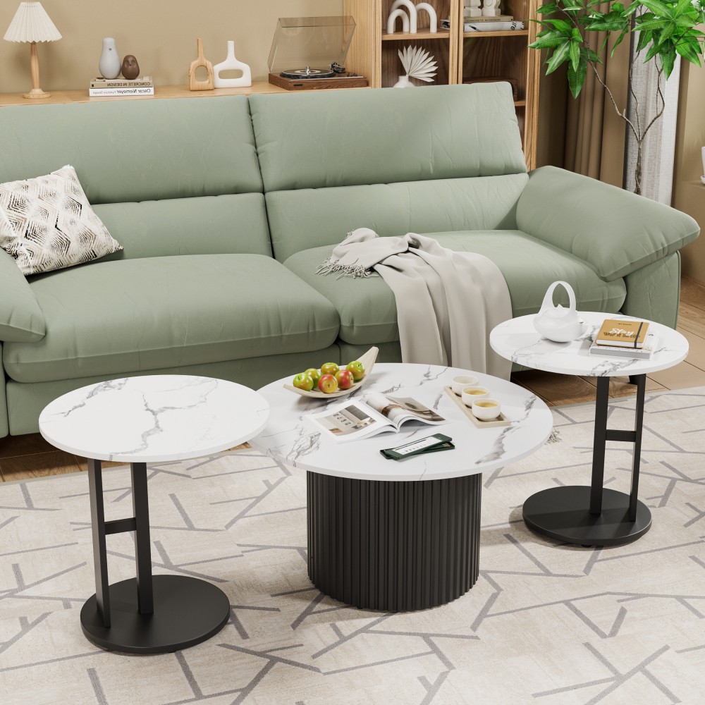 3-Piece Nesting Coffee Table Set, Faux Marble Top, Metal Legs, Modern