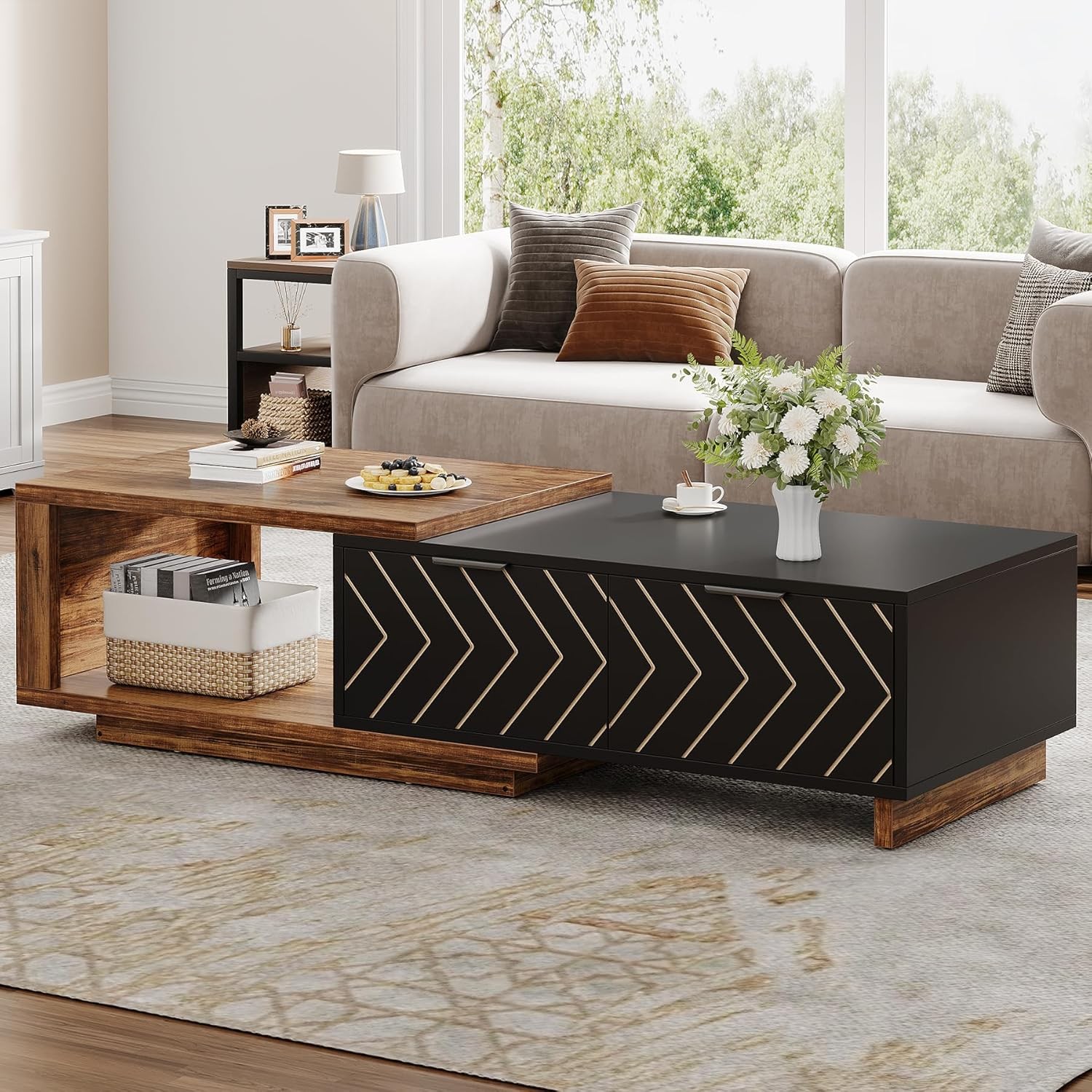 Extendable Coffee Table with 2 Drawers Multi-Functional Hidden Storage Table