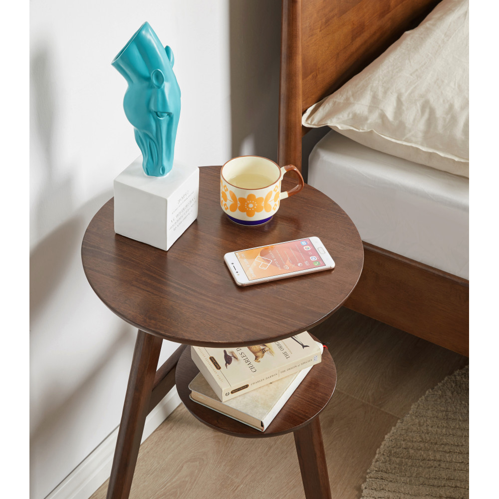 2-Tier Solid Wood Side Table, Round, Lower Shelf for Living Room Bedroom