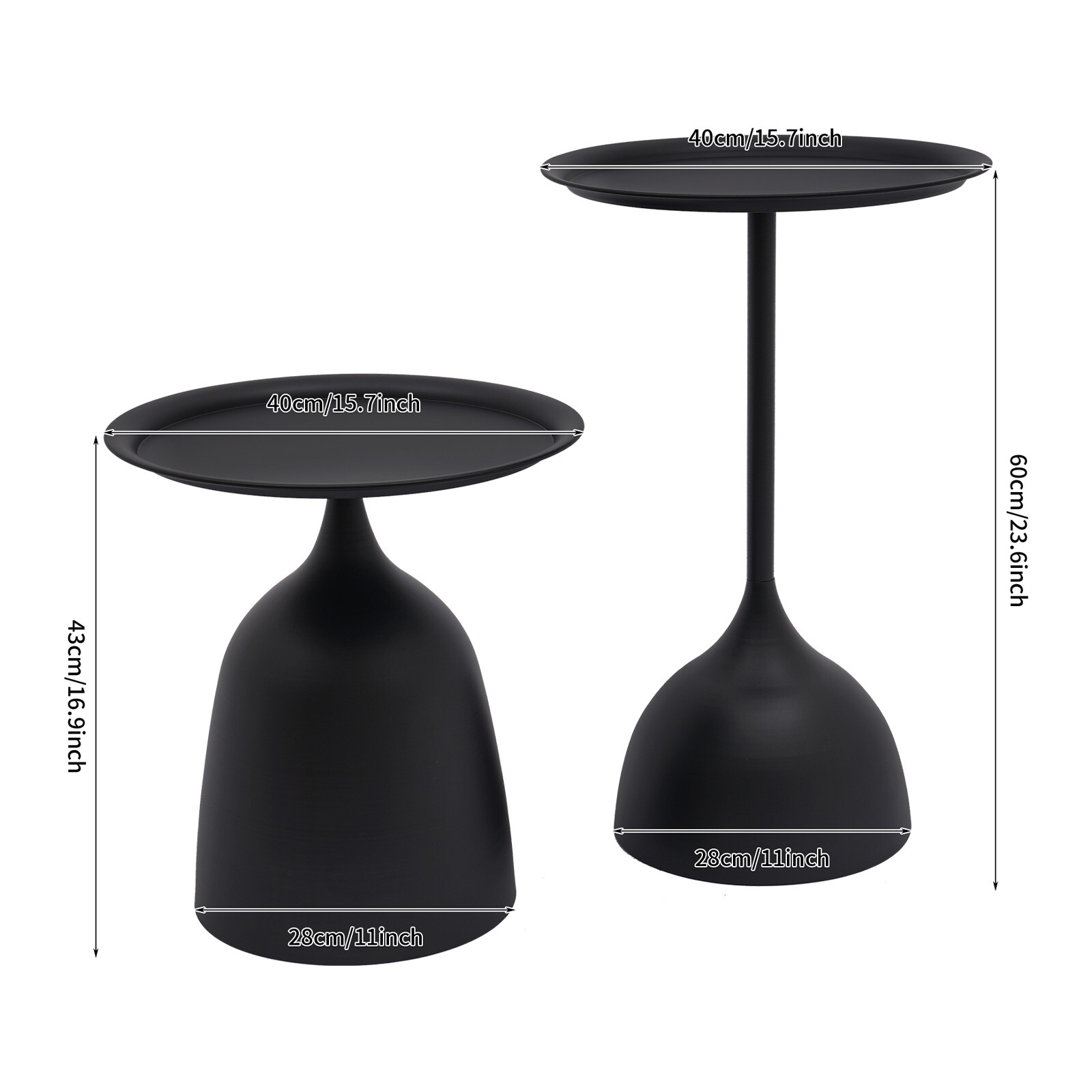 Matte Black 2-Piece Round Iron Side Table Set 23.6″ & 16.9″ For Living Room