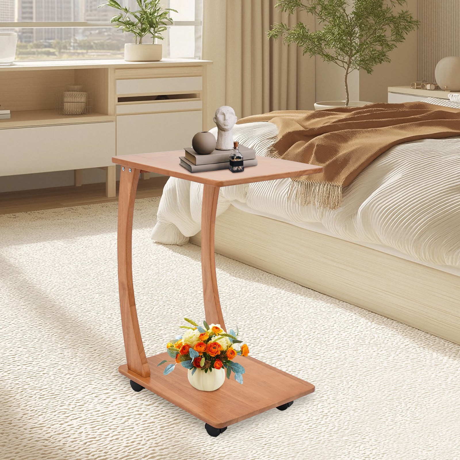 Solid Wood End Table With Rolling Wheels, C Shaped Side Table For Small Spaces