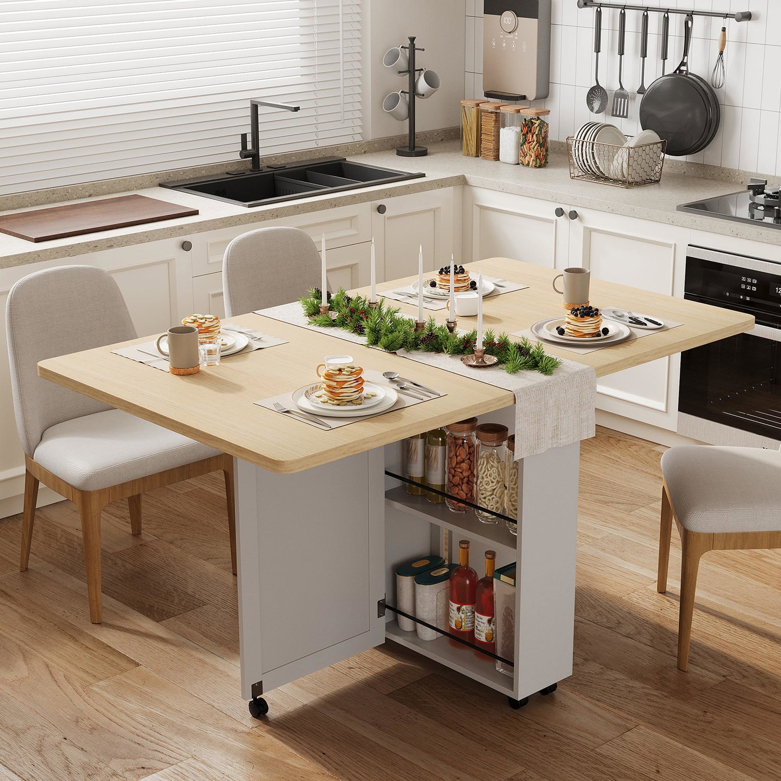 Folding Dining Table with Storage, Space Saving Kitchen Table with 6 Wheels