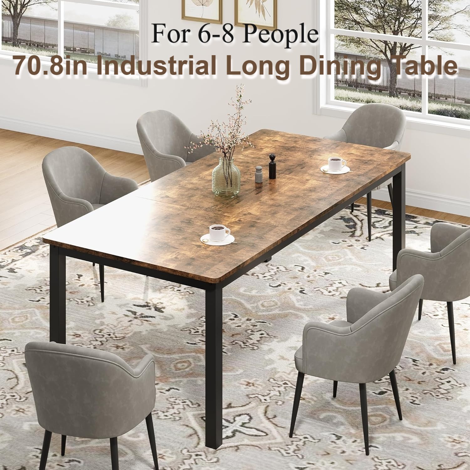 70.8 in Industrial Long Dining Table for 6-8 People Wooden Kitchen Retro Brown