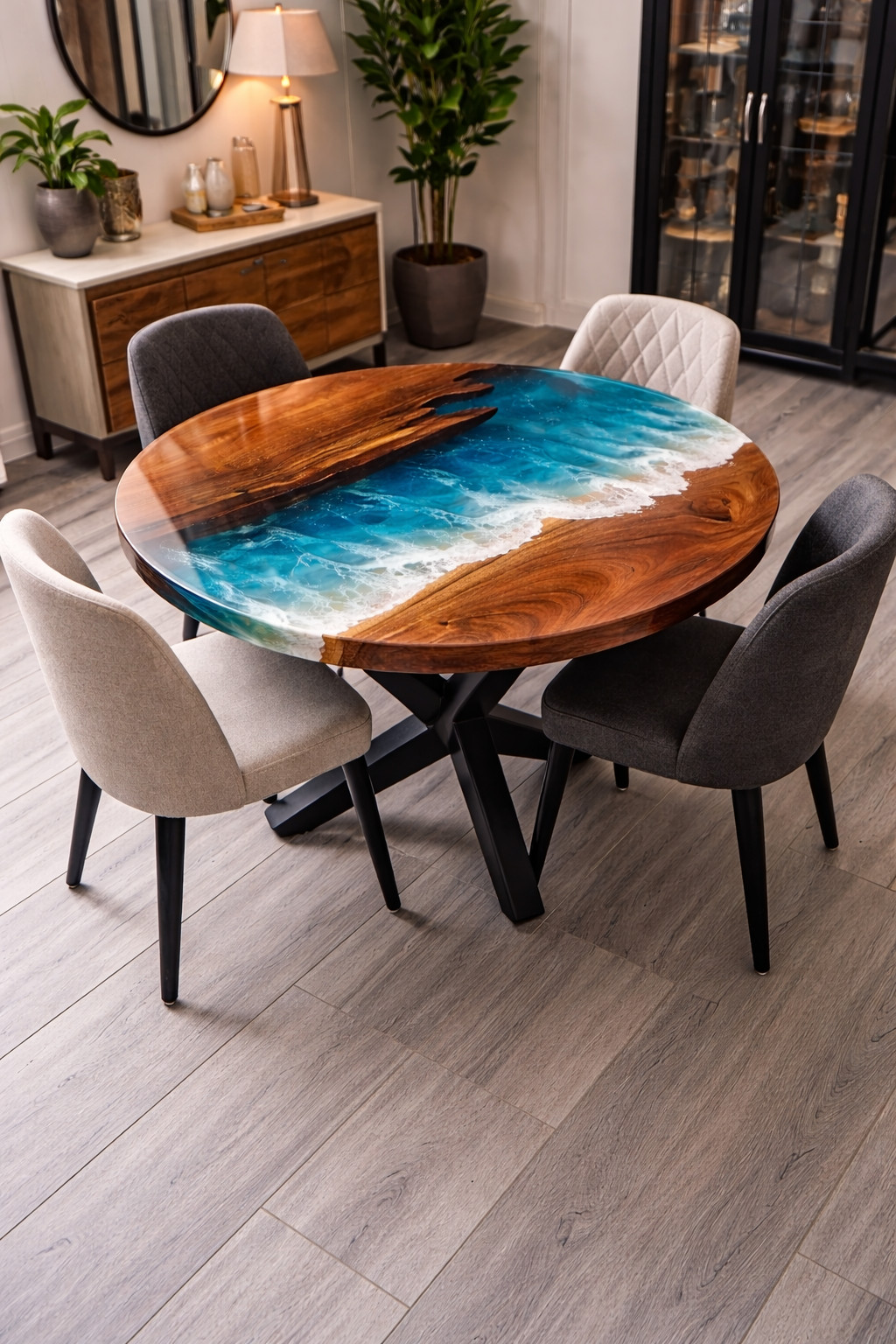 Round Ocean Epoxy River Dining Table | Live Edge Wood Table | Handmade 18X18