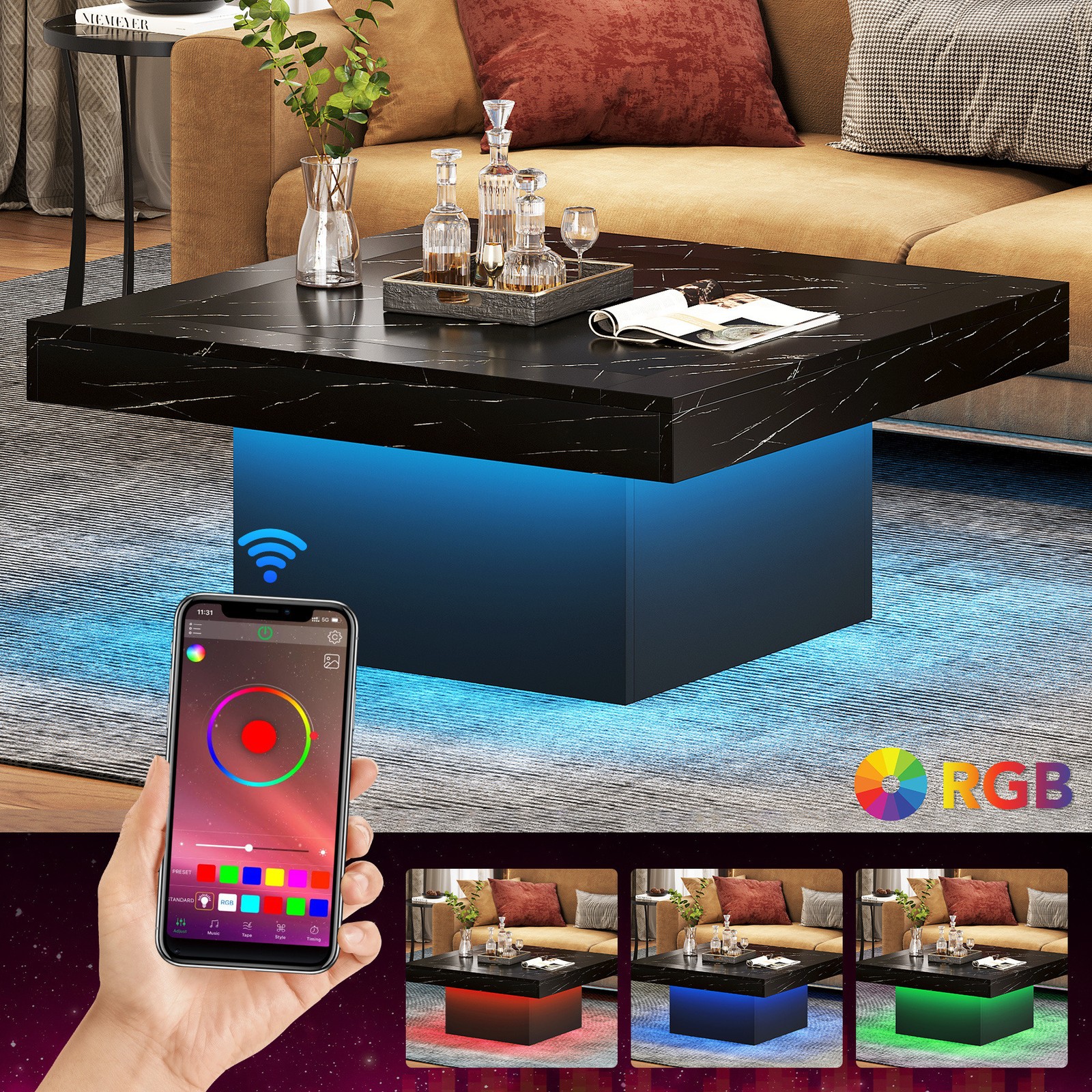 35″ Modern Square Coffee Table with Led Light, Wood Center Table for Living Room