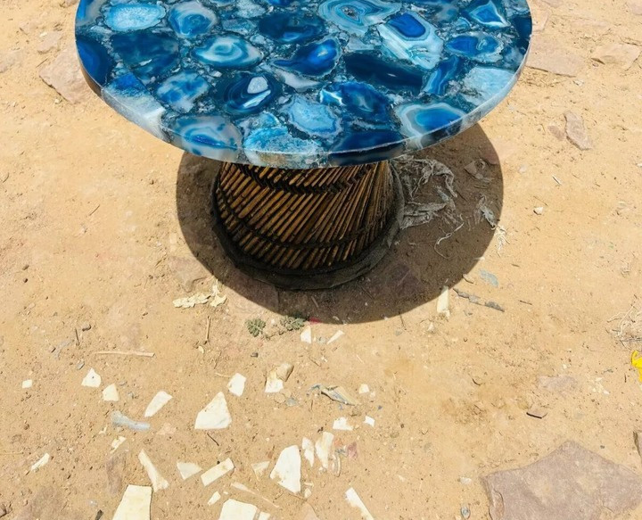 Handmade Round Blue Agate Coffee Table – Unique Natural Stone Accent for Living