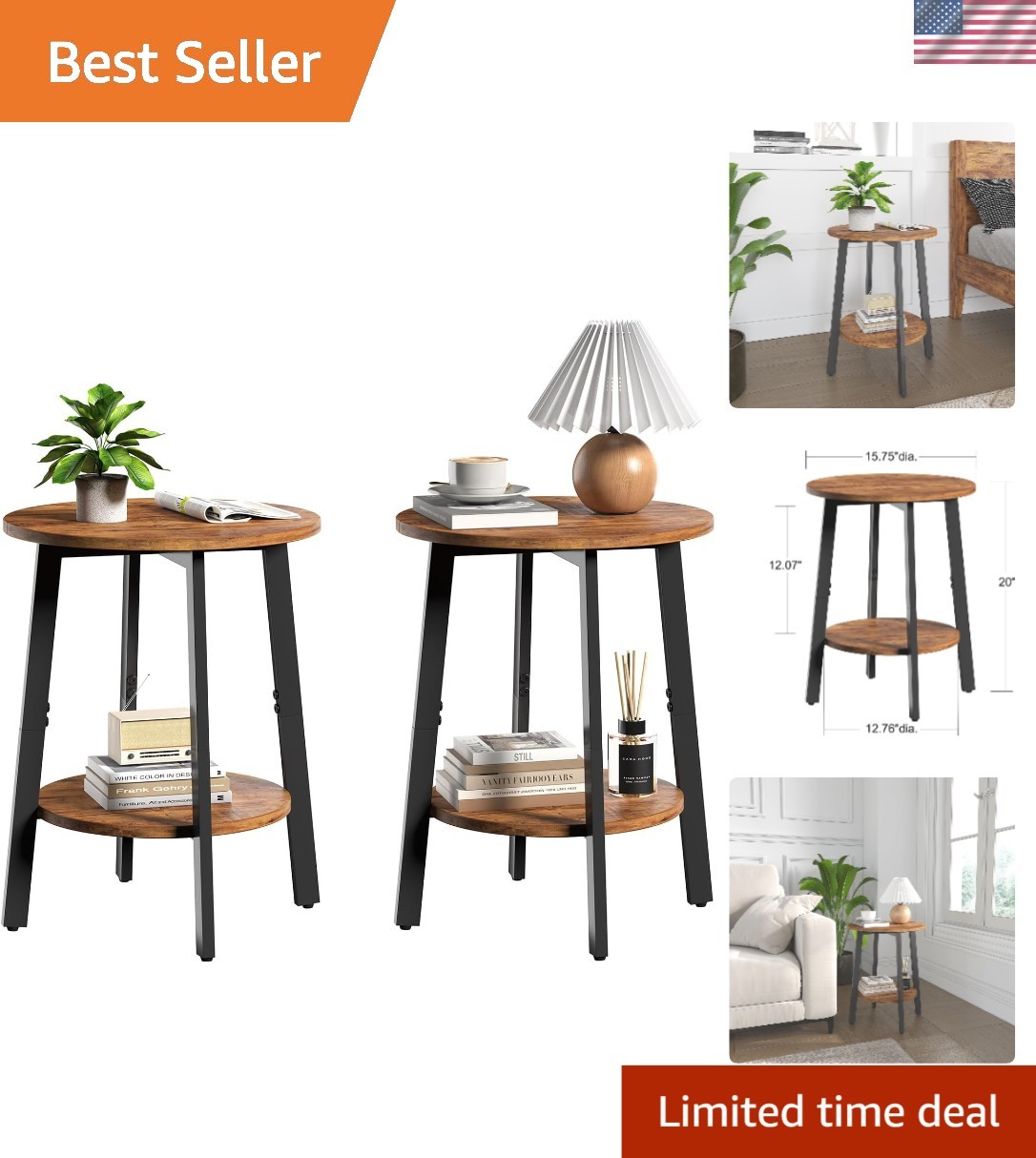Set of 2 Rustic Round Bedside Tables with Metal Legs – Perfect for Tight Spaces