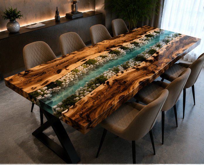 Handmade Live Edge Olive Wood Epoxy River Dining Table | Turquoise Resin River