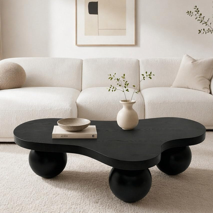 Modern Irregular Coffee Table, Cloud Shape Wooden Center Table with Ash Wood Ven
