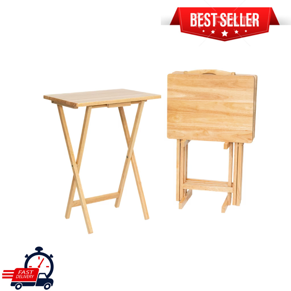 Mainstays 4-Piece Folding TV Tray Table Set with Rack, Natural Wood, 19″x15″x26″