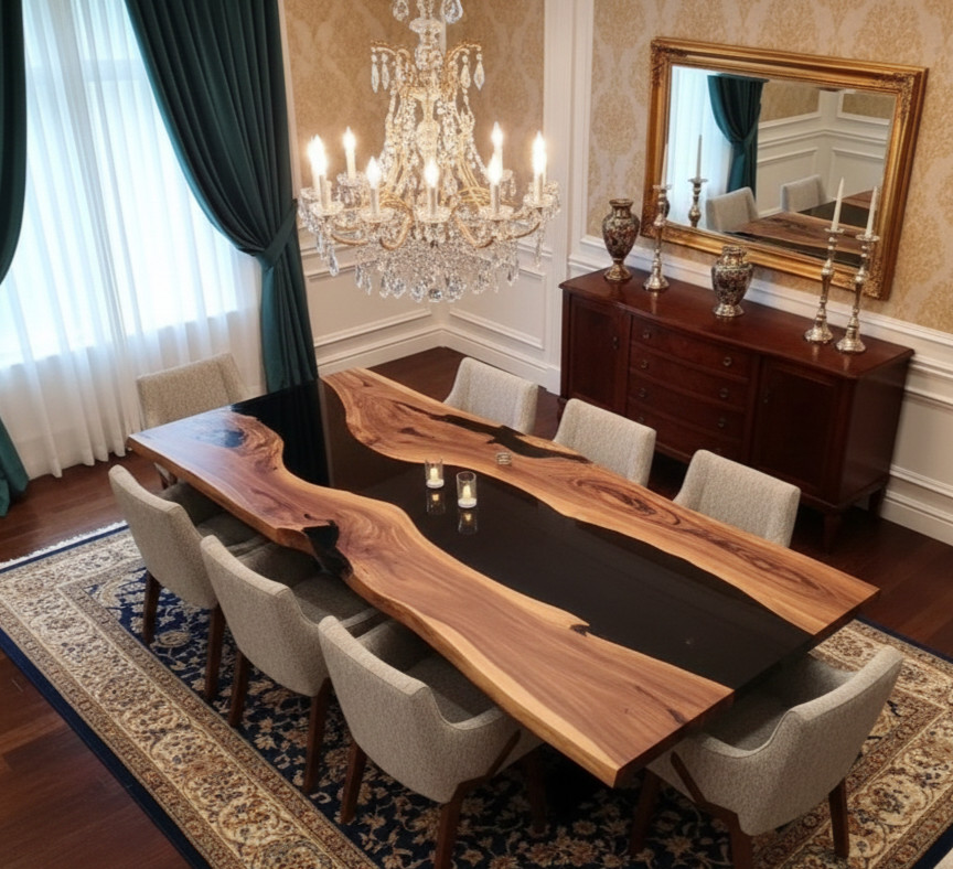 Luxury Live Edge Wood & Black Epoxy River Dining Table Top | Handmade Acacia TOP