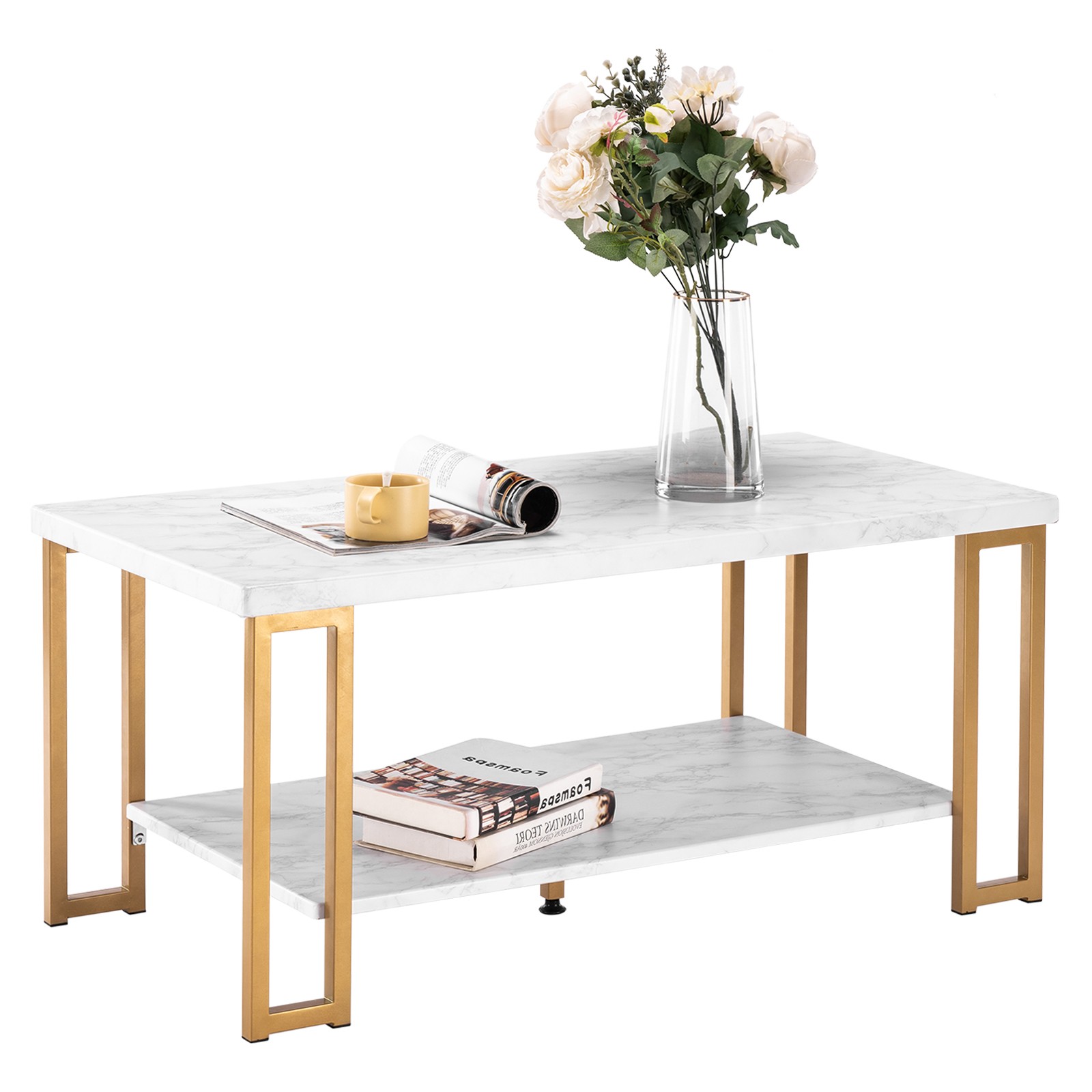 (106 x 50 x 48cm) Simple Double-layer Golden Iron Pipe Marble PVC Coffee Table